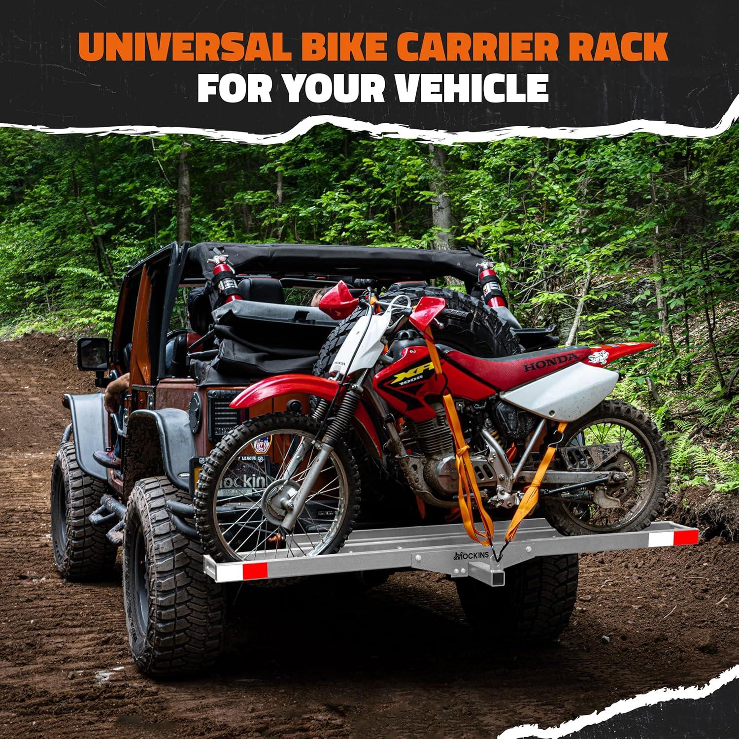 imageMockins AntiTilt 73quot Motorcycle Hitch Carrier with Ramp  500 Lbs Cap Dirt Bike Hitch Carrier  AllWeather Steel Motorcycle Trailer Mount Versatile as eBike Rack ampamp Scooter Rack with AccessoriesGray