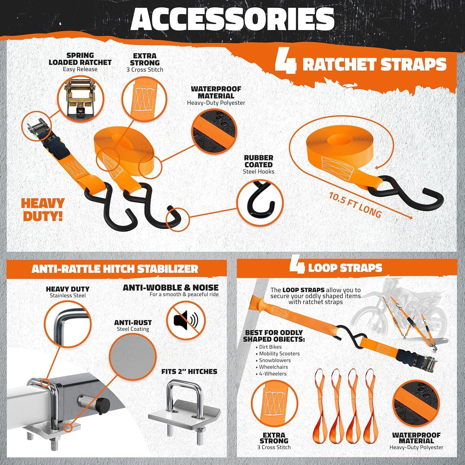 imageMockins AntiTilt 73quot Motorcycle Hitch Carrier with Ramp  500 Lbs Cap Dirt Bike Hitch Carrier  AllWeather Steel Motorcycle Trailer Mount Versatile as eBike Rack ampamp Scooter Rack with AccessoriesGray