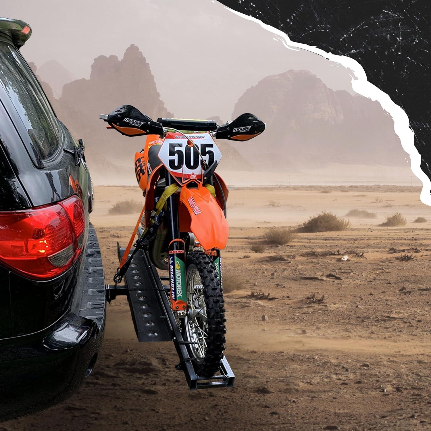 imageMockins AntiTilt 73quot Motorcycle Hitch Carrier with Ramp  500 Lbs Cap Dirt Bike Hitch Carrier  AllWeather Steel Motorcycle Trailer Mount Versatile as eBike Rack ampamp Scooter Rack with AccessoriesBlack