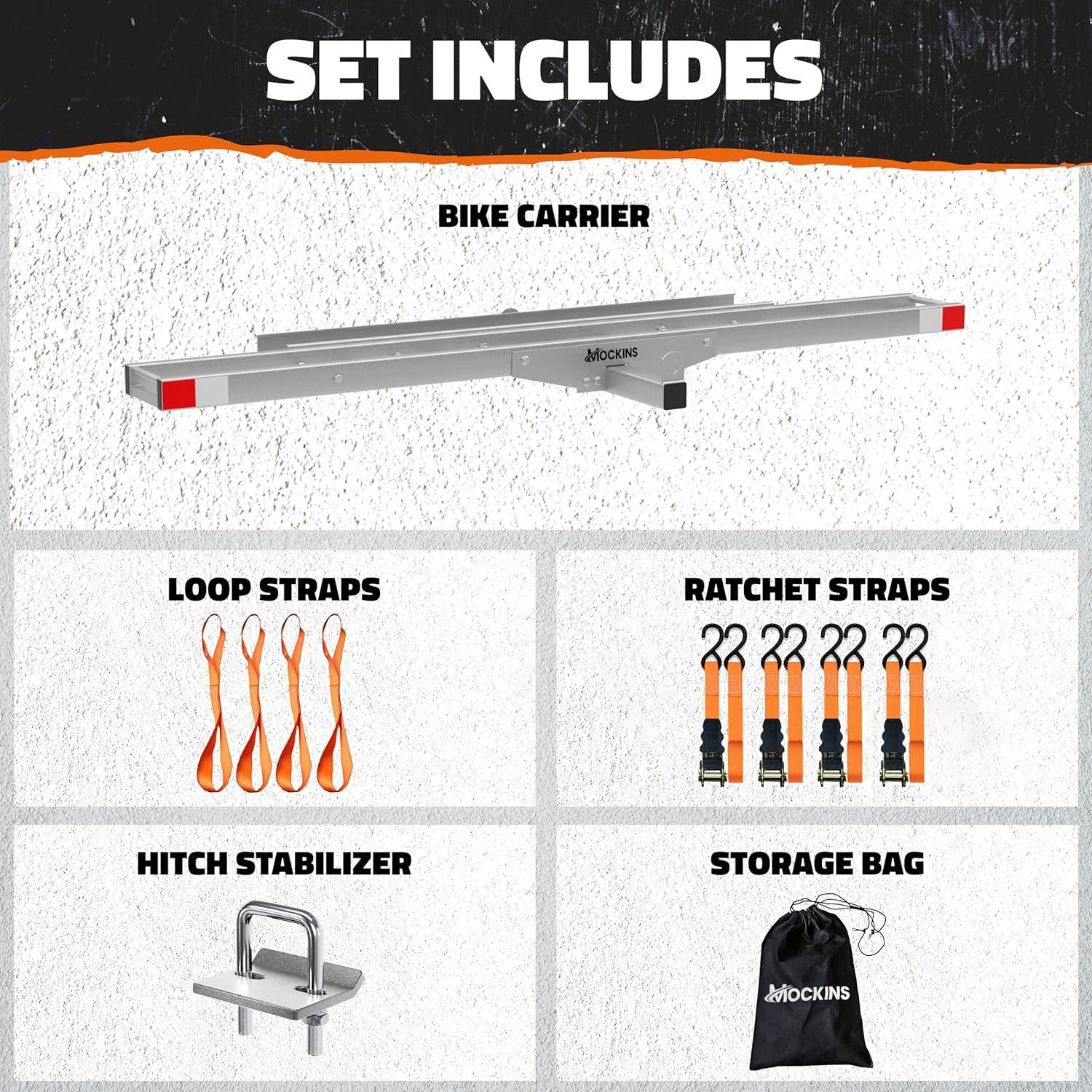 imageMockins AntiTilt 73quot Motorcycle Hitch Carrier with Ramp  500 Lbs Cap Dirt Bike Hitch Carrier  AllWeather Steel Motorcycle Trailer Mount Versatile as eBike Rack ampamp Scooter Rack with AccessoriesGray