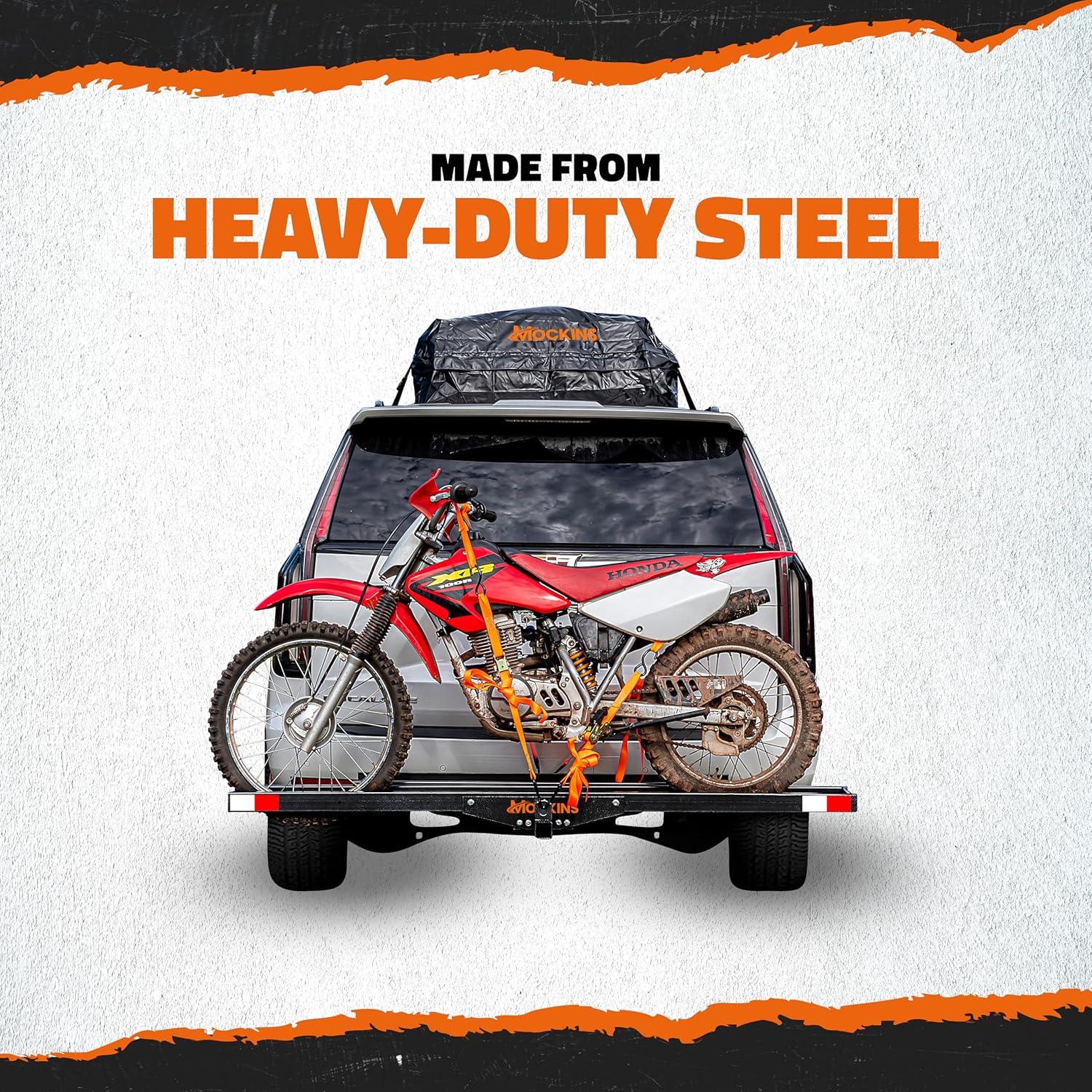 imageMockins AntiTilt 73quot Motorcycle Hitch Carrier with Ramp  500 Lbs Cap Dirt Bike Hitch Carrier  AllWeather Steel Motorcycle Trailer Mount Versatile as eBike Rack ampamp Scooter Rack with AccessoriesBlack