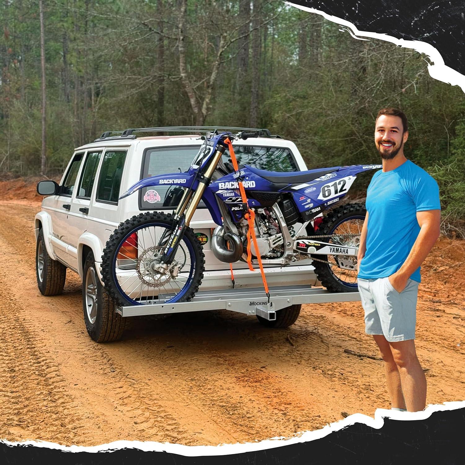 imageMockins AntiTilt 73quot Motorcycle Hitch Carrier with Ramp  500 Lbs Cap Dirt Bike Hitch Carrier  AllWeather Steel Motorcycle Trailer Mount Versatile as eBike Rack ampamp Scooter Rack with AccessoriesGray