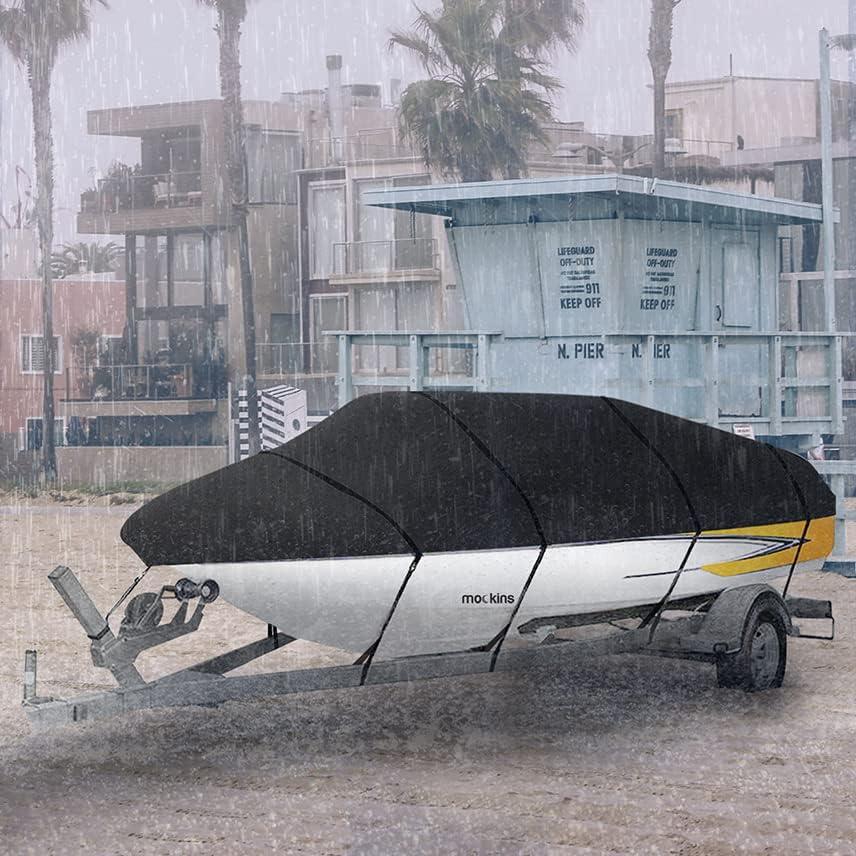 imageMockins Heavy Duty 600D Polyester Oxford Trailerable Boat Cover Fits VHull  TriHull  Fishing Boat  Runabout Boat  Bass Boat  Waterproof ampamp UV Resistant Boat CoverMedium  17  19 x 98