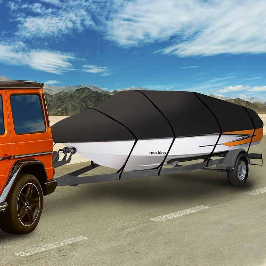 imageMockins Heavy Duty 600D Polyester Oxford Trailerable Boat Cover Fits VHull  TriHull  Fishing Boat  Runabout Boat  Bass Boat  Waterproof ampamp UV Resistant Boat CoverMedium  17  19 x 98