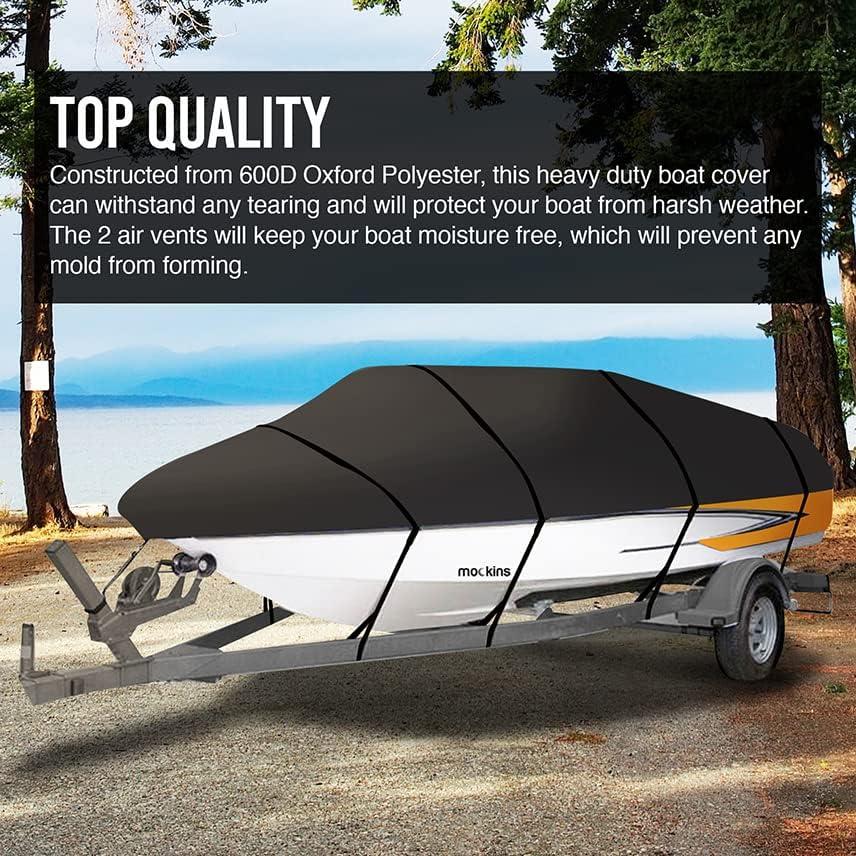 imageMockins Heavy Duty 600D Polyester Oxford Trailerable Boat Cover Fits VHull  TriHull  Fishing Boat  Runabout Boat  Bass Boat  Waterproof ampamp UV Resistant Boat CoverMedium  17  19 x 98