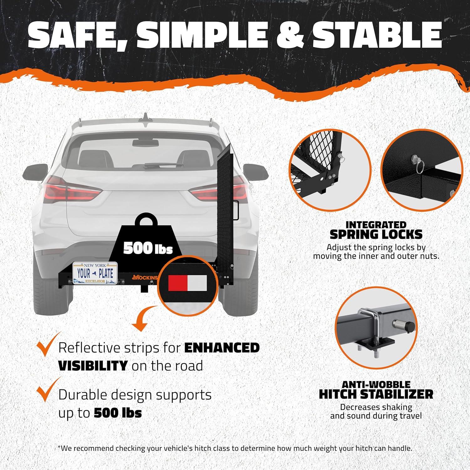 imageMockins XL 60quotx30quotx5quot Folding Hitch Cargo Carrier with Ramp  Heavy Duty Trailer Hitch Basket Cargo Carrier with Portable Wheelchair Ramp  500 Lbs Cap Weatherproof Steel Scooter Rack ampamp AccessoriesLarge  48 x 285 x 4