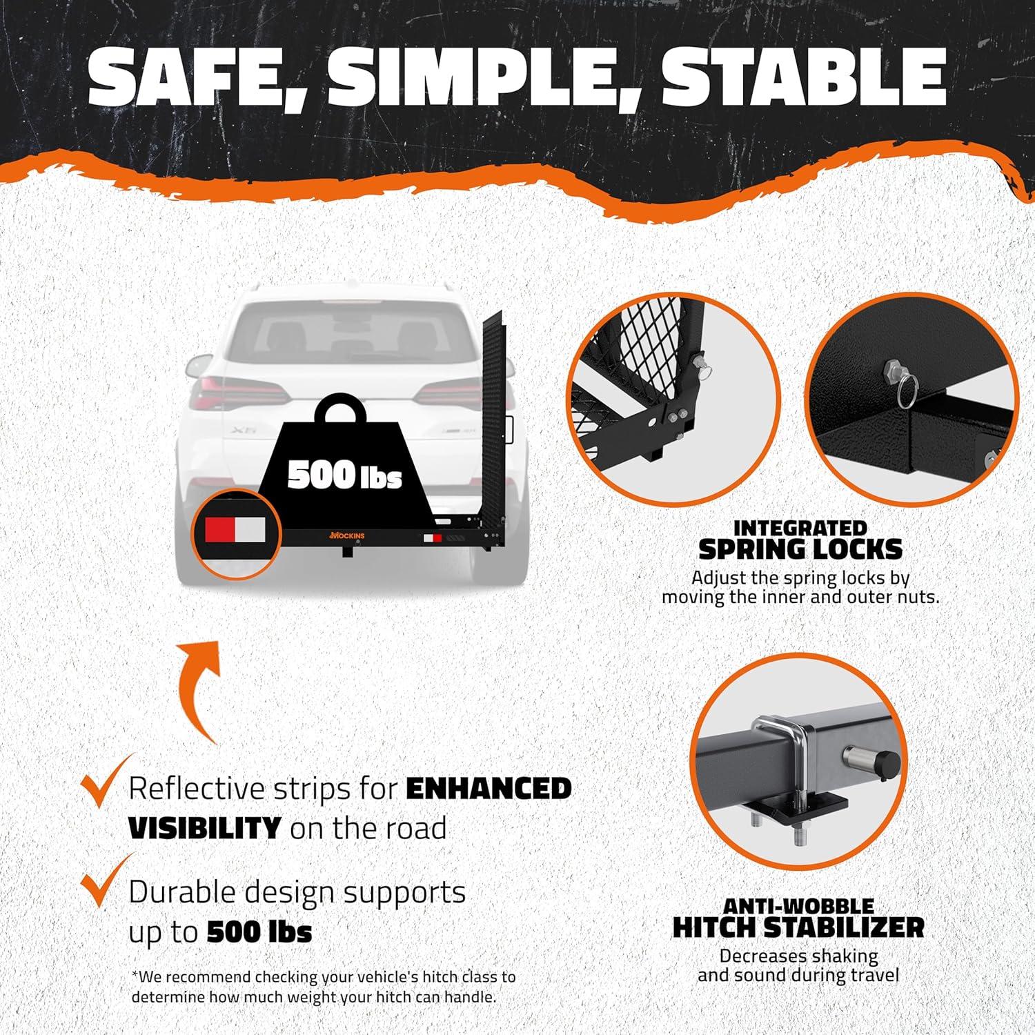 imageMockins XL 60quotx30quotx5quot Folding Hitch Cargo Carrier with Ramp  Heavy Duty Trailer Hitch Basket Cargo Carrier with Portable Wheelchair Ramp  500 Lbs Cap Weatherproof Steel Scooter Rack ampamp AccessoriesX Large  60 x 30 x 5