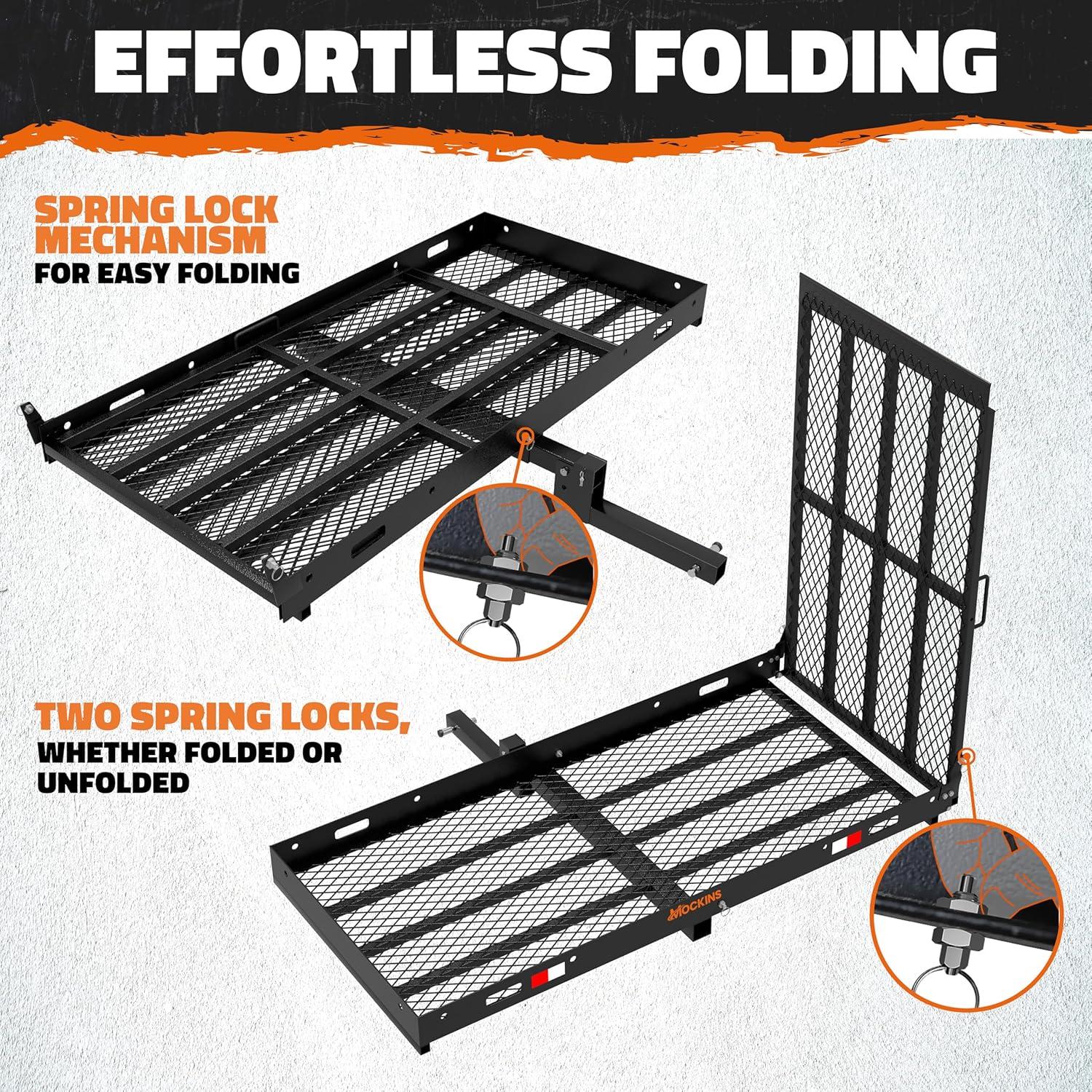 imageMockins XL 60quotx30quotx5quot Folding Hitch Cargo Carrier with Ramp  Heavy Duty Trailer Hitch Basket Cargo Carrier with Portable Wheelchair Ramp  500 Lbs Cap Weatherproof Steel Scooter Rack ampamp AccessoriesX Large  60 x 30 x 5