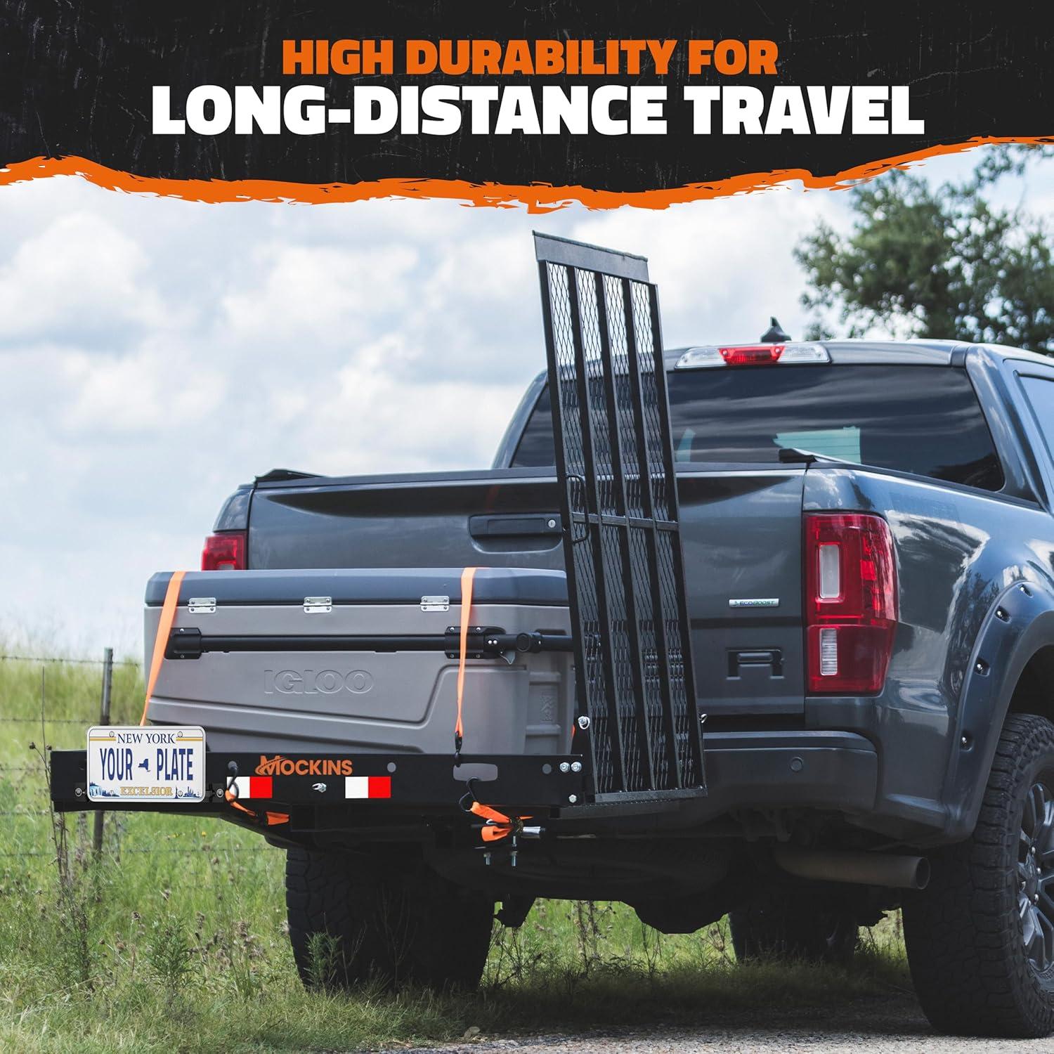 imageMockins XL 60quotx30quotx5quot Folding Hitch Cargo Carrier with Ramp  Heavy Duty Trailer Hitch Basket Cargo Carrier with Portable Wheelchair Ramp  500 Lbs Cap Weatherproof Steel Scooter Rack ampamp AccessoriesLarge  48 x 285 x 4