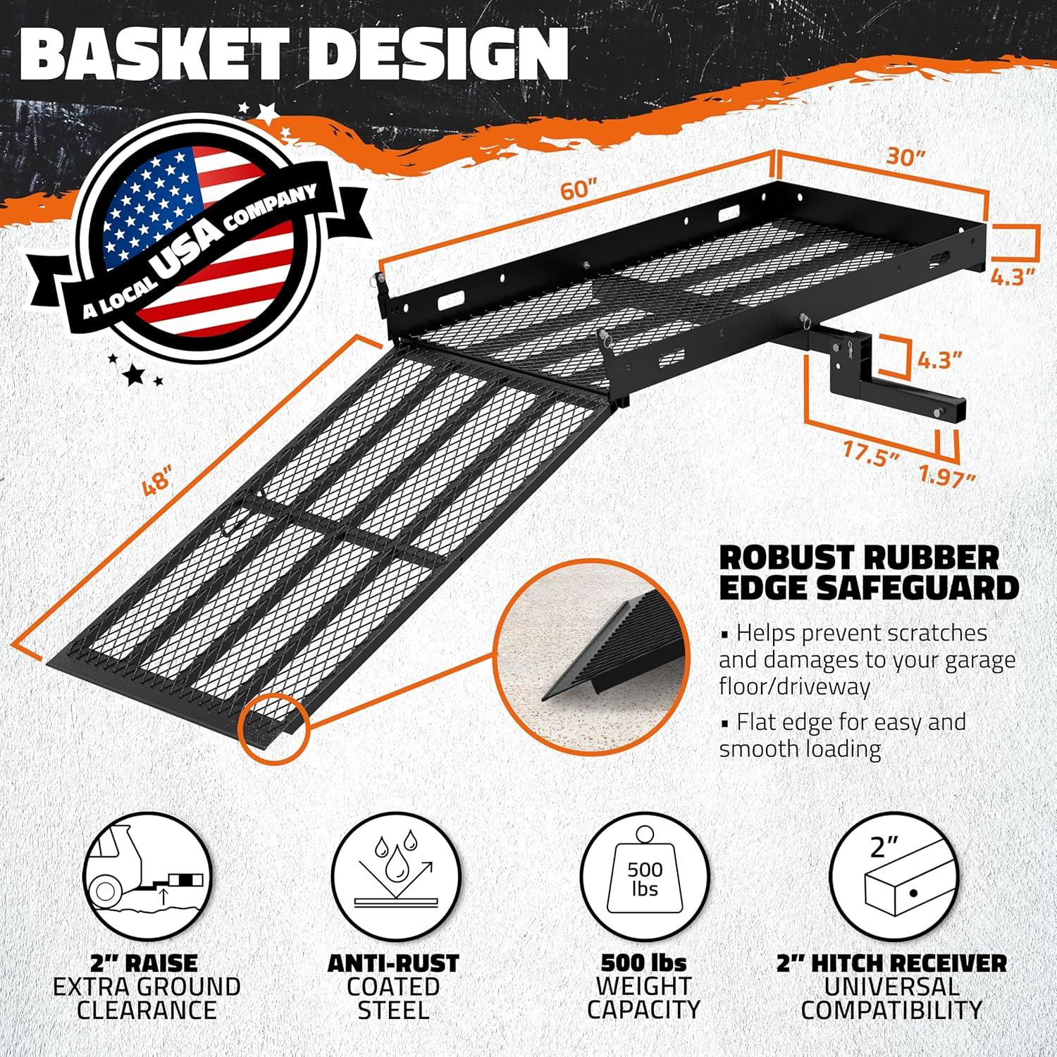 imageMockins XL 60quotx30quotx5quot Folding Hitch Cargo Carrier with Ramp  Heavy Duty Trailer Hitch Basket Cargo Carrier with Portable Wheelchair Ramp  500 Lbs Cap Weatherproof Steel Scooter Rack ampamp AccessoriesX Large  60 x 30 x 5