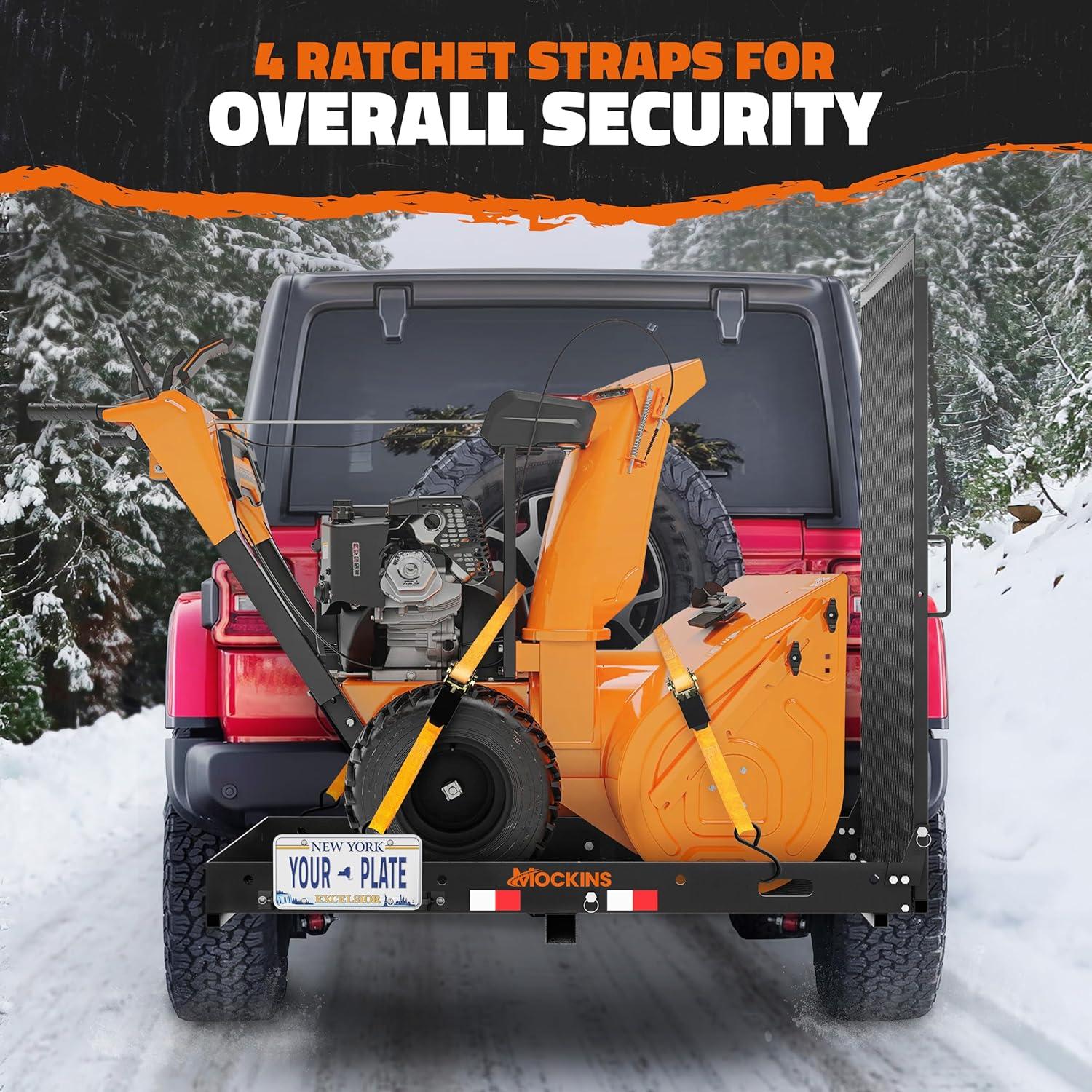 imageMockins XL 60quotx30quotx5quot Folding Hitch Cargo Carrier with Ramp  Heavy Duty Trailer Hitch Basket Cargo Carrier with Portable Wheelchair Ramp  500 Lbs Cap Weatherproof Steel Scooter Rack ampamp AccessoriesLarge  48 x 285 x 4