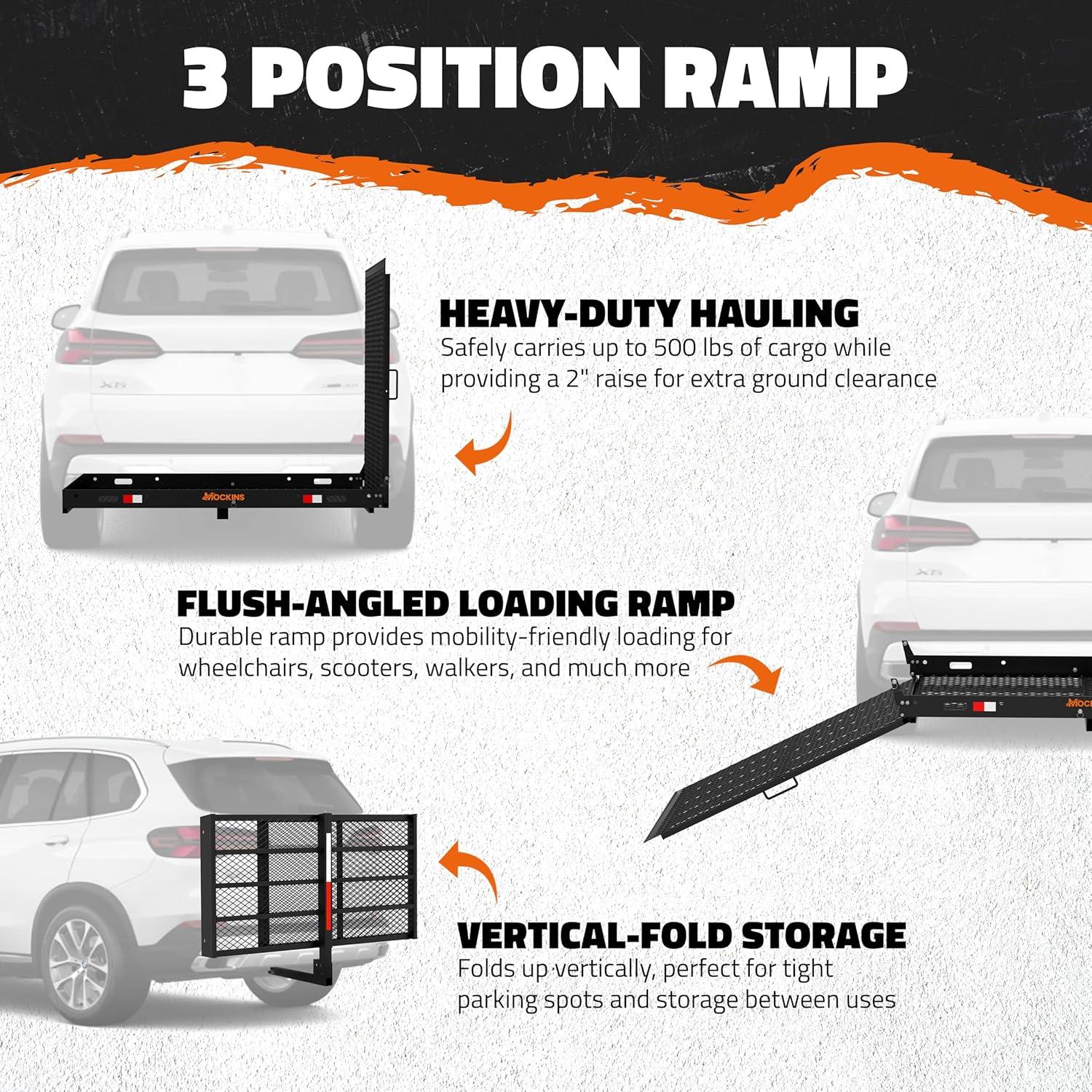 imageMockins XL 60quotx30quotx5quot Folding Hitch Cargo Carrier with Ramp  Heavy Duty Trailer Hitch Basket Cargo Carrier with Portable Wheelchair Ramp  500 Lbs Cap Weatherproof Steel Scooter Rack ampamp AccessoriesX Large  60 x 30 x 5