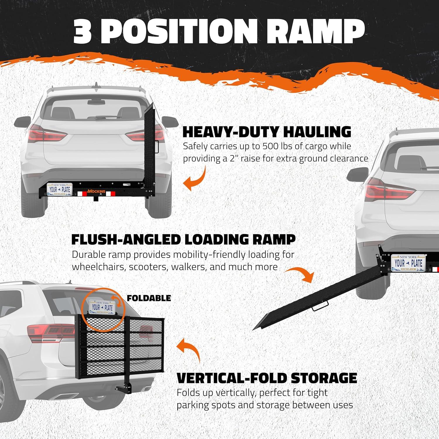 imageMockins XL 60quotx30quotx5quot Folding Hitch Cargo Carrier with Ramp  Heavy Duty Trailer Hitch Basket Cargo Carrier with Portable Wheelchair Ramp  500 Lbs Cap Weatherproof Steel Scooter Rack ampamp AccessoriesLarge  48 x 285 x 4