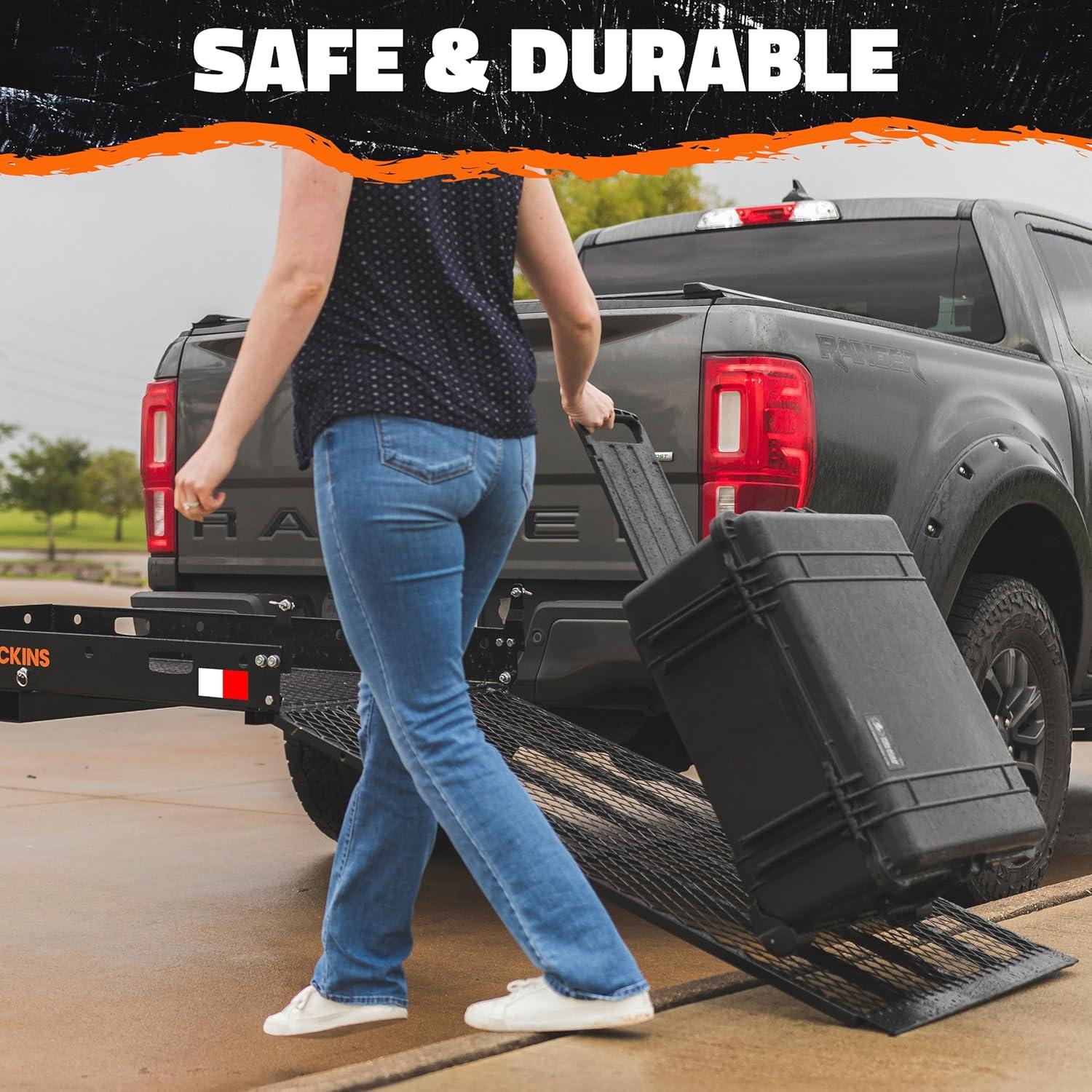 imageMockins XL 60quotx30quotx5quot Folding Hitch Cargo Carrier with Ramp  Heavy Duty Trailer Hitch Basket Cargo Carrier with Portable Wheelchair Ramp  500 Lbs Cap Weatherproof Steel Scooter Rack ampamp AccessoriesX Large  60 x 30 x 5