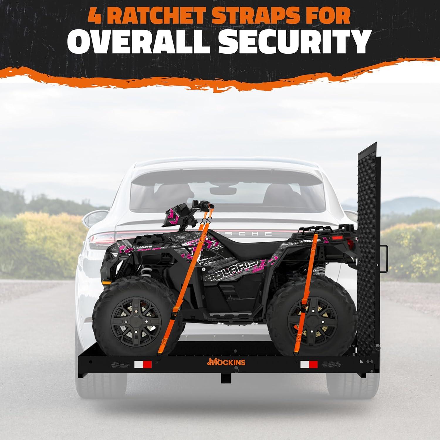 imageMockins XL 60quotx30quotx5quot Folding Hitch Cargo Carrier with Ramp  Heavy Duty Trailer Hitch Basket Cargo Carrier with Portable Wheelchair Ramp  500 Lbs Cap Weatherproof Steel Scooter Rack ampamp AccessoriesX Large  60 x 30 x 5