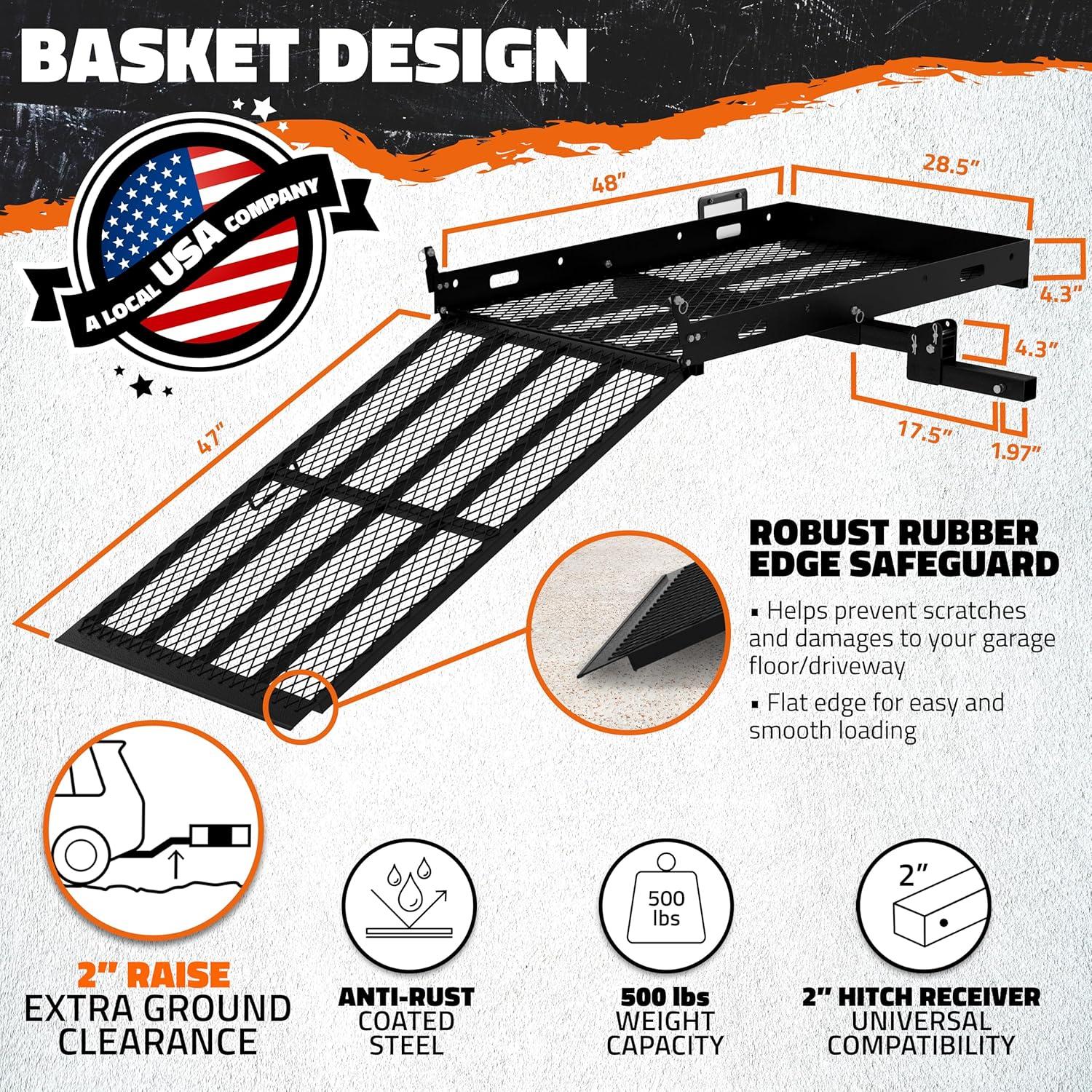 imageMockins XL 60quotx30quotx5quot Folding Hitch Cargo Carrier with Ramp  Heavy Duty Trailer Hitch Basket Cargo Carrier with Portable Wheelchair Ramp  500 Lbs Cap Weatherproof Steel Scooter Rack ampamp AccessoriesLarge  48 x 285 x 4
