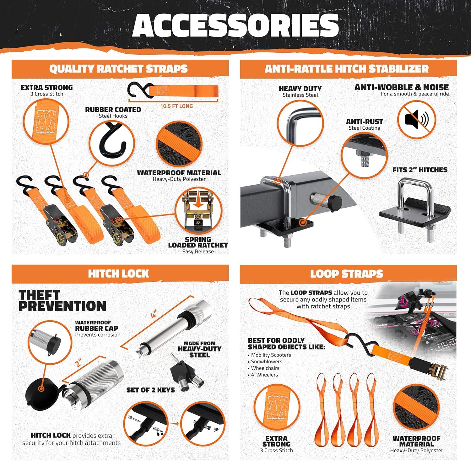 imageMockins XL 60quotx30quotx5quot Folding Hitch Cargo Carrier with Ramp  Heavy Duty Trailer Hitch Basket Cargo Carrier with Portable Wheelchair Ramp  500 Lbs Cap Weatherproof Steel Scooter Rack ampamp AccessoriesLarge  48 x 285 x 4