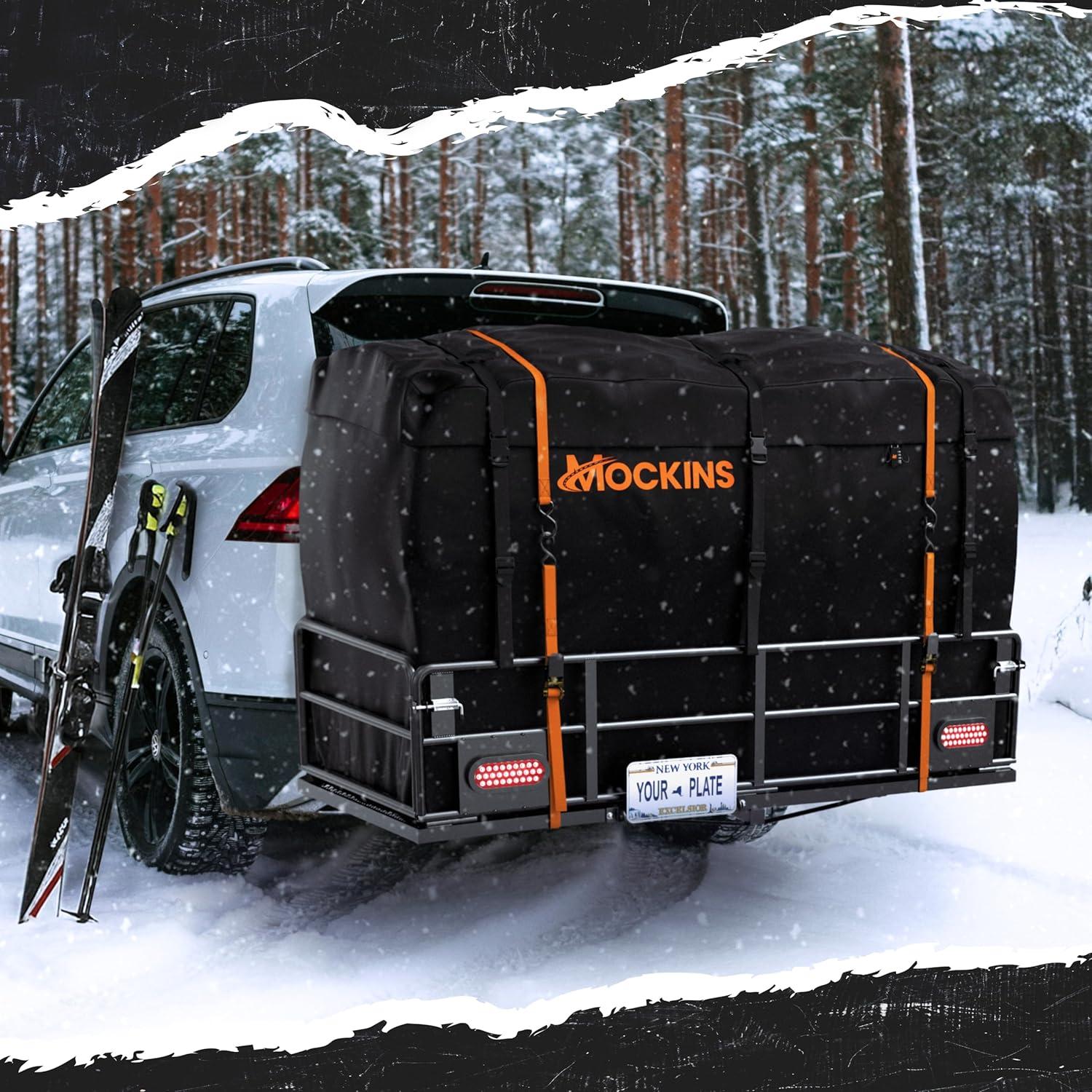 imageMockins XL 66quotx30quotx14quot High Rail Folding Hitch Cargo Carrier w 45 CuFt Trailer Hitch Cargo Carrier Bag  500Lbs Cap Luggage Rack for SUV Car ampamp Truck wRear Signal Lights License Plate Holder ampamp More