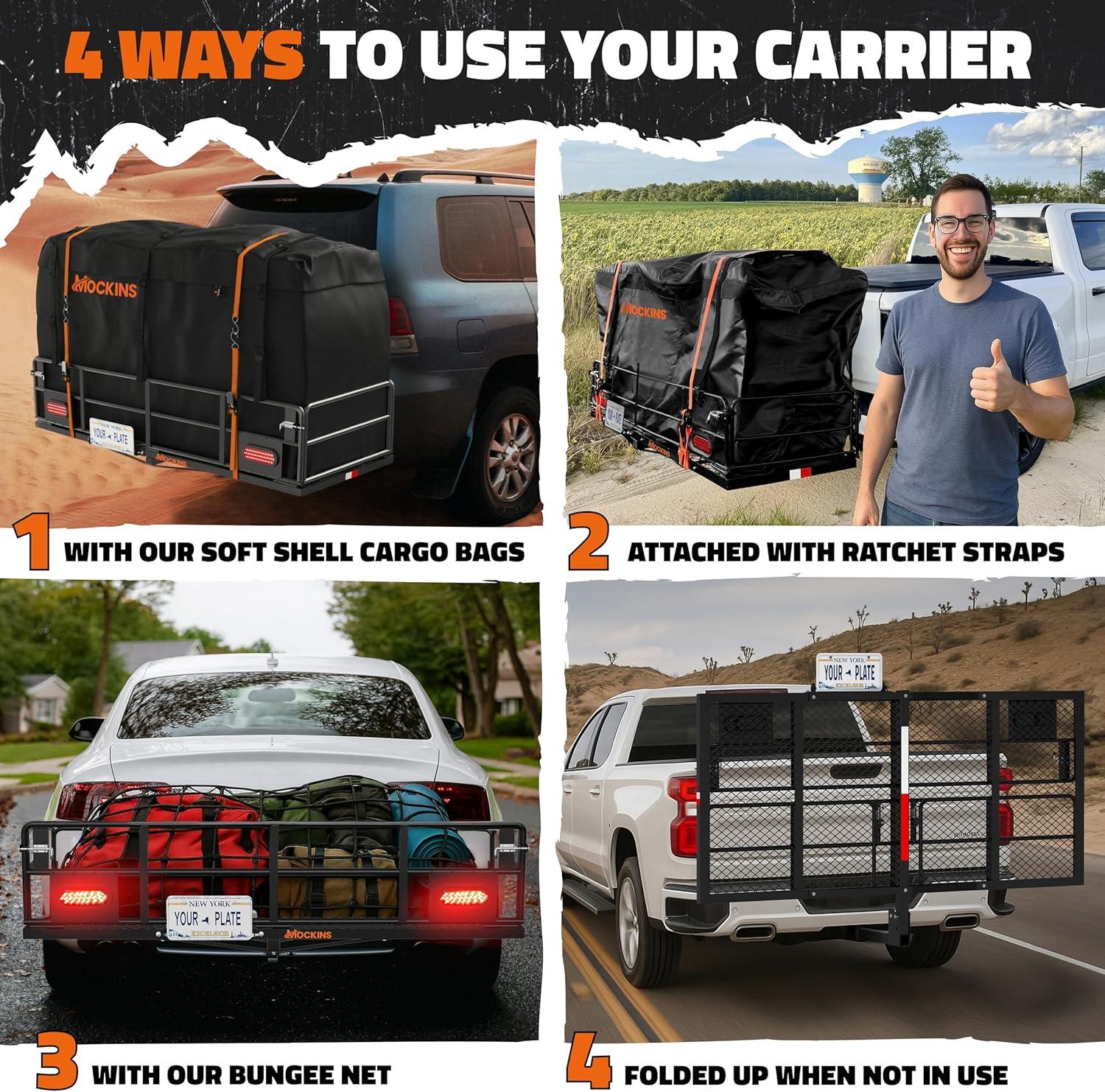 imageMockins XL 66quotx30quotx14quot High Rail Folding Hitch Cargo Carrier w 45 CuFt Trailer Hitch Cargo Carrier Bag  500Lbs Cap Luggage Rack for SUV Car ampamp Truck wRear Signal Lights License Plate Holder ampamp More