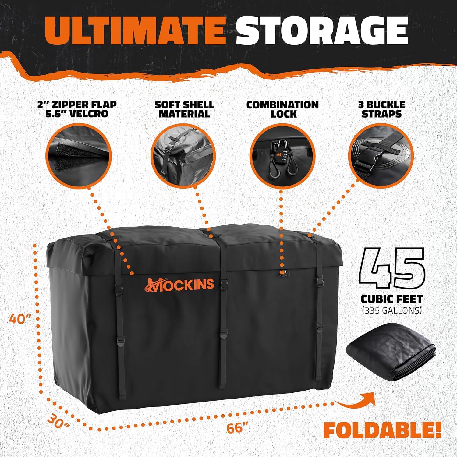 imageMockins XL 66quotx30quotx14quot High Rail Folding Hitch Cargo Carrier w 45 CuFt Trailer Hitch Cargo Carrier Bag  500Lbs Cap Luggage Rack for SUV Car ampamp Truck wRear Signal Lights License Plate Holder ampamp More