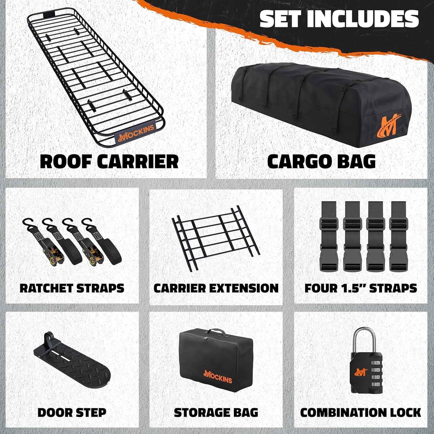 imageMockins XL 84quotx39quotx6quot Extendable Roof Rack Cargo Carrier ampamp 35 CuFt Waterproof Cargo Bag for Top of Car  3 Length Sizes 40quot63quot84quot Luggage Rack for SUV Car ampamp Truck with Roof Basket Accessories85L x 24W x 4H  20 CuFt Roof Bag