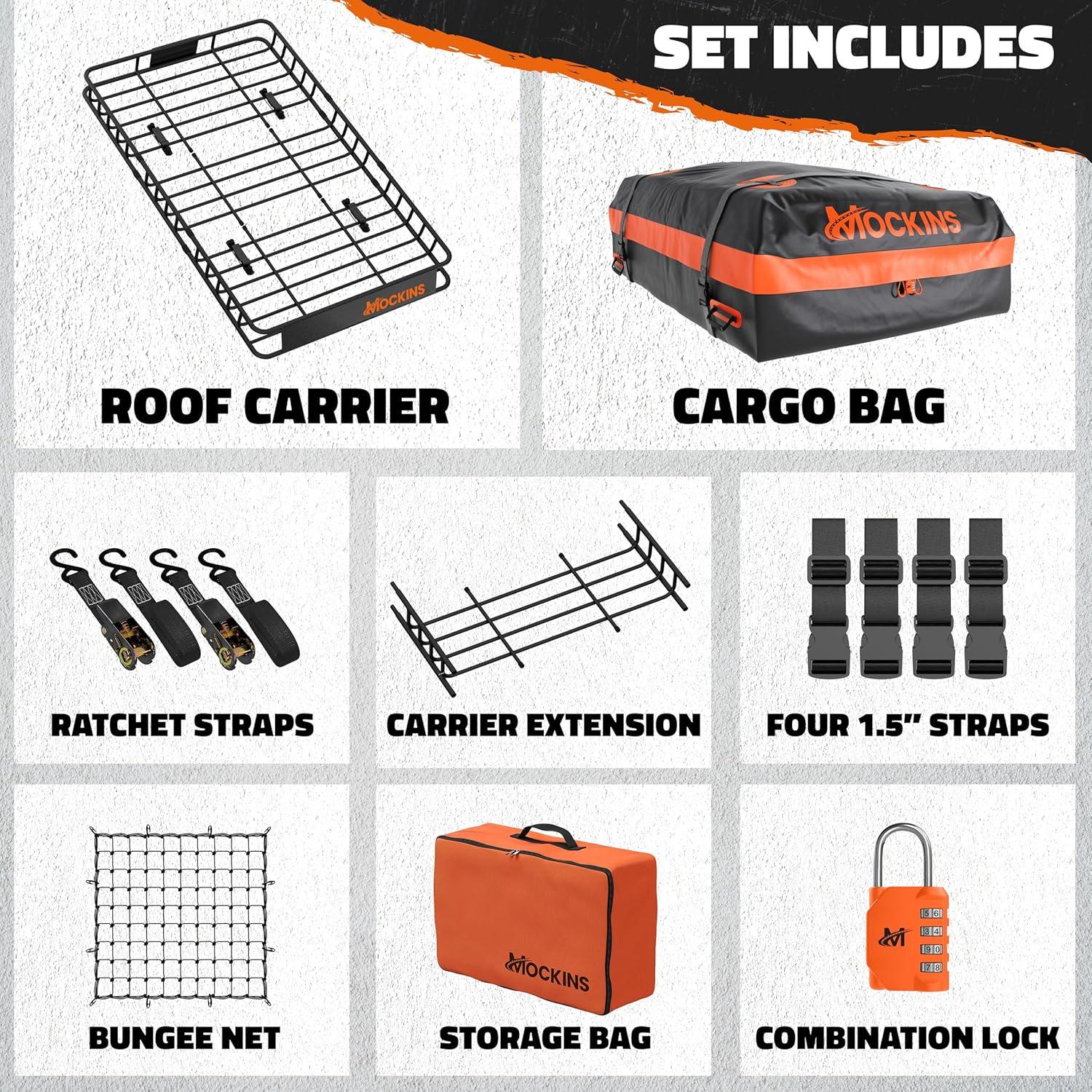 imageMockins XL 84quotx39quotx6quot Extendable Roof Rack Cargo Carrier ampamp 35 CuFt Waterproof Cargo Bag for Top of Car  3 Length Sizes 40quot63quot84quot Luggage Rack for SUV Car ampamp Truck with Roof Basket Accessories64L x 39W x 6H  20 CuFt Bag
