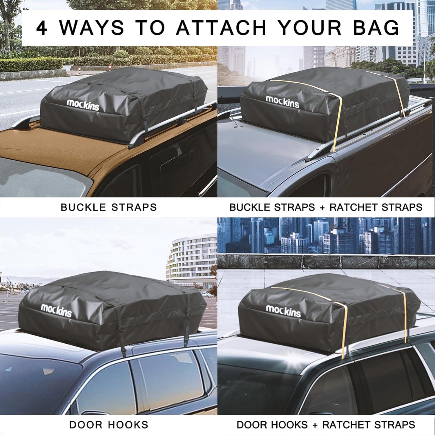 imageMockins XXL 50 CuFt Waterproof Rooftop Cargo Bag for Top of Car Storage  85quotx50quotx20quot AllWeather Soft Shell Vinyl Cargo Roof Bag  Car Top Carrier Without Roof Rack  Roof Rack Bag wAccessories25 Cubic Ft  60x43x17