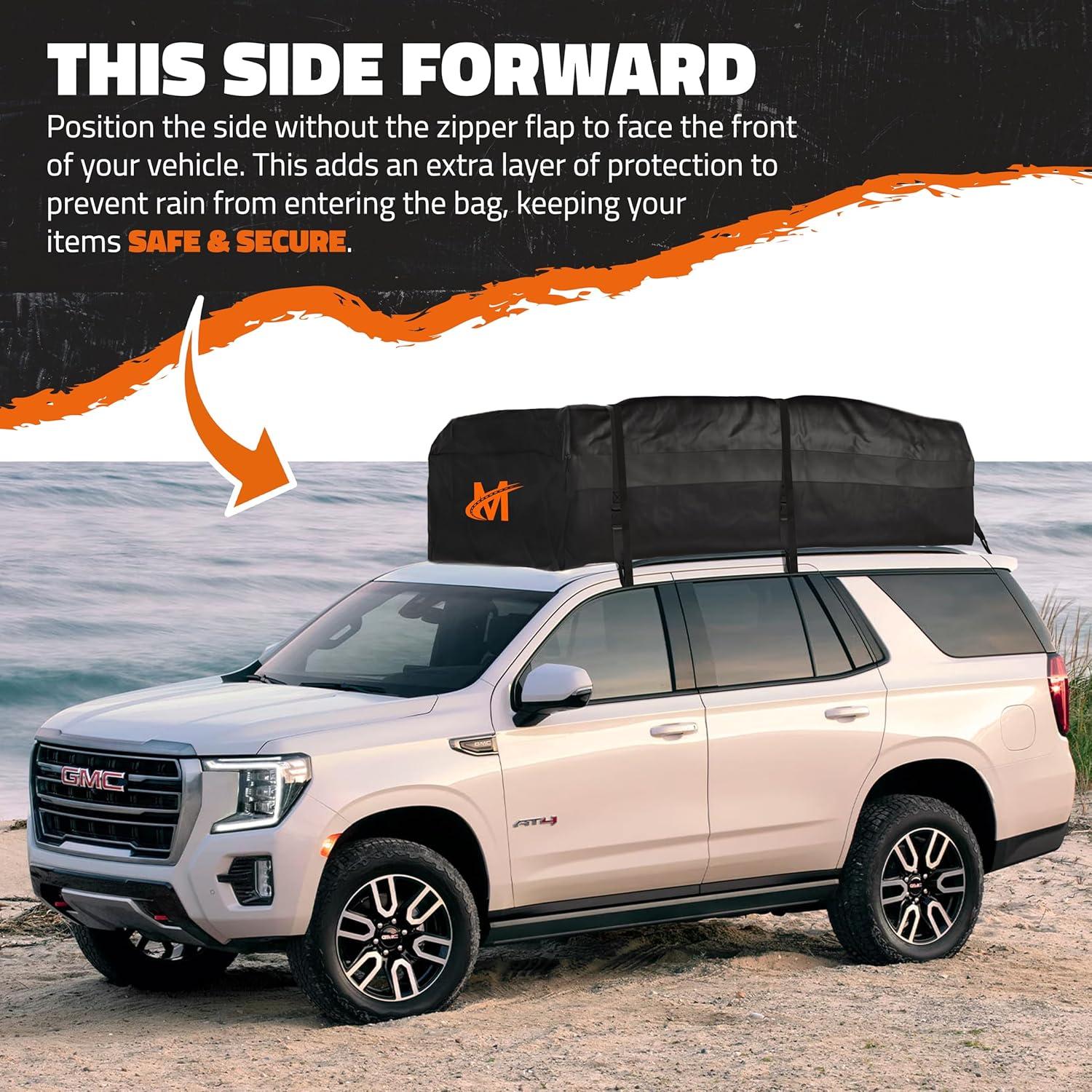 imageMockins XXL 50 CuFt Waterproof Rooftop Cargo Bag for Top of Car Storage  85quotx50quotx20quot AllWeather Soft Shell Vinyl Cargo Roof Bag  Car Top Carrier Without Roof Rack  Roof Rack Bag wAccessories50 Cubic Feet  85x50x20