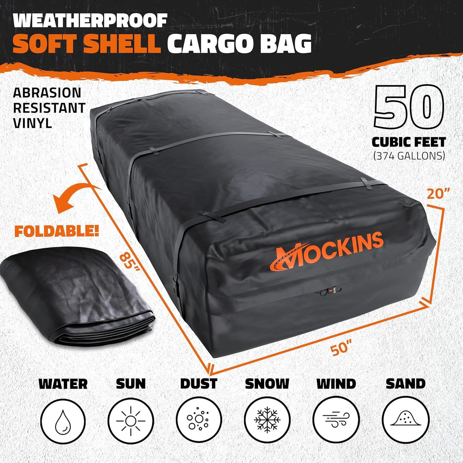 imageMockins XXL 50 CuFt Waterproof Rooftop Cargo Bag for Top of Car Storage  85quotx50quotx20quot AllWeather Soft Shell Vinyl Cargo Roof Bag  Car Top Carrier Without Roof Rack  Roof Rack Bag wAccessories50 Cubic Feet  85x50x20