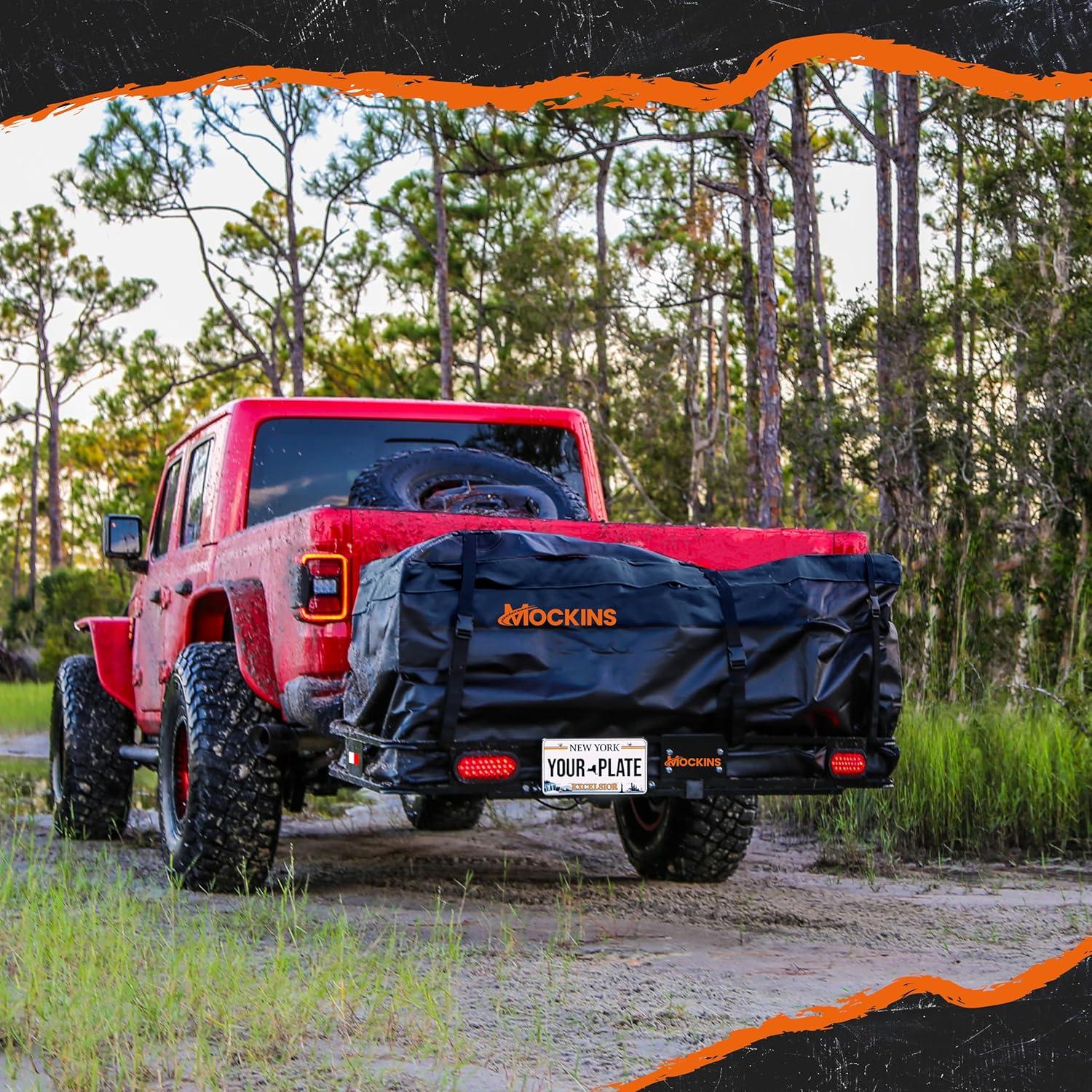 imageMockins XXL 70quotx30quotx6quot Folding Trailer Hitch Cargo Carrier wRear Lights License Plate Bracket ampamp 40 Cu Ft Waterproof Cargo Bag for Hitch Carrier  500 Lbs Cap Car Trailer Basket Set wAccessories60L X 20W X 6H