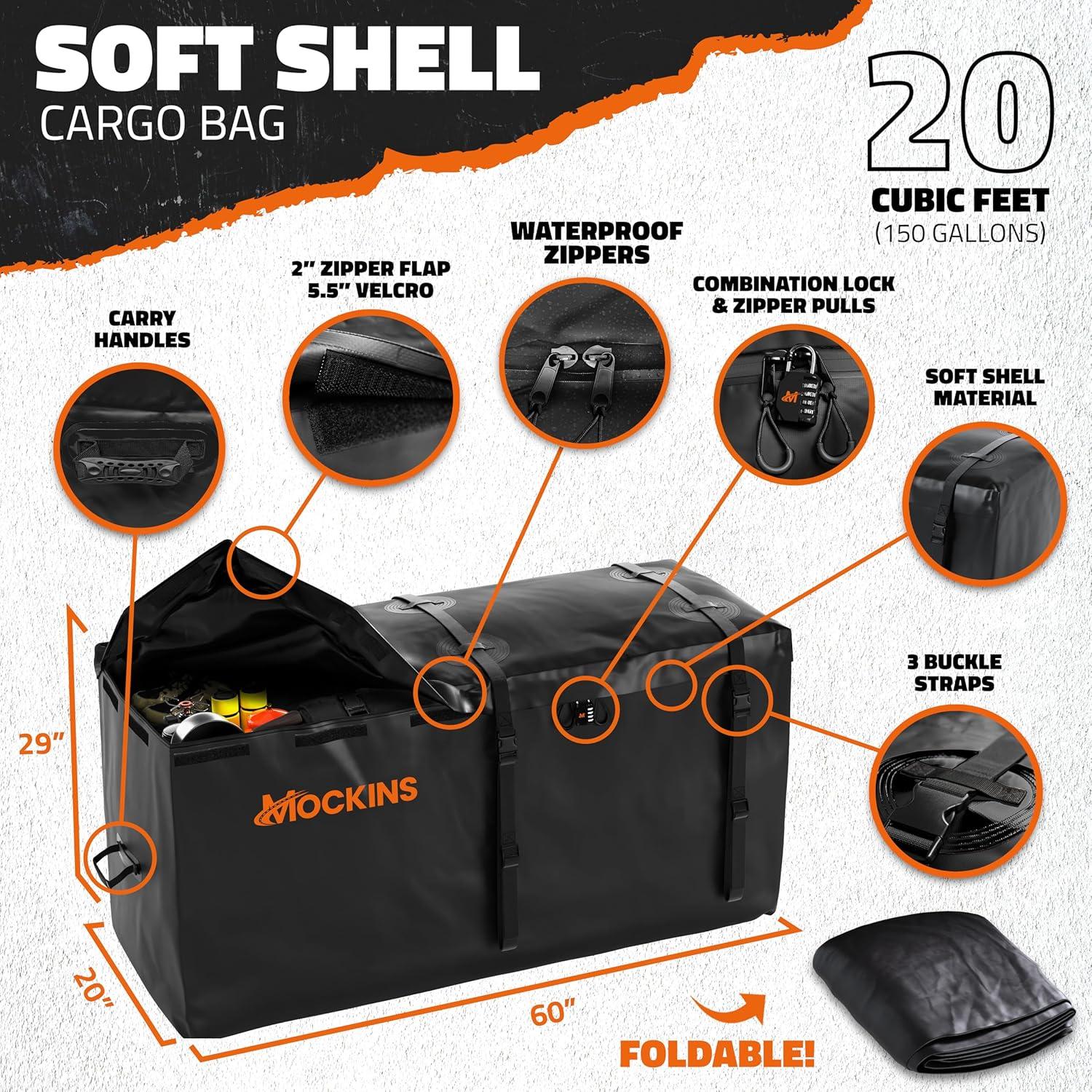 imageMockins XXL 70quotx30quotx6quot Folding Trailer Hitch Cargo Carrier wRear Lights License Plate Bracket ampamp 40 Cu Ft Waterproof Cargo Bag for Hitch Carrier  500 Lbs Cap Car Trailer Basket Set wAccessories60L X 20W X 6H