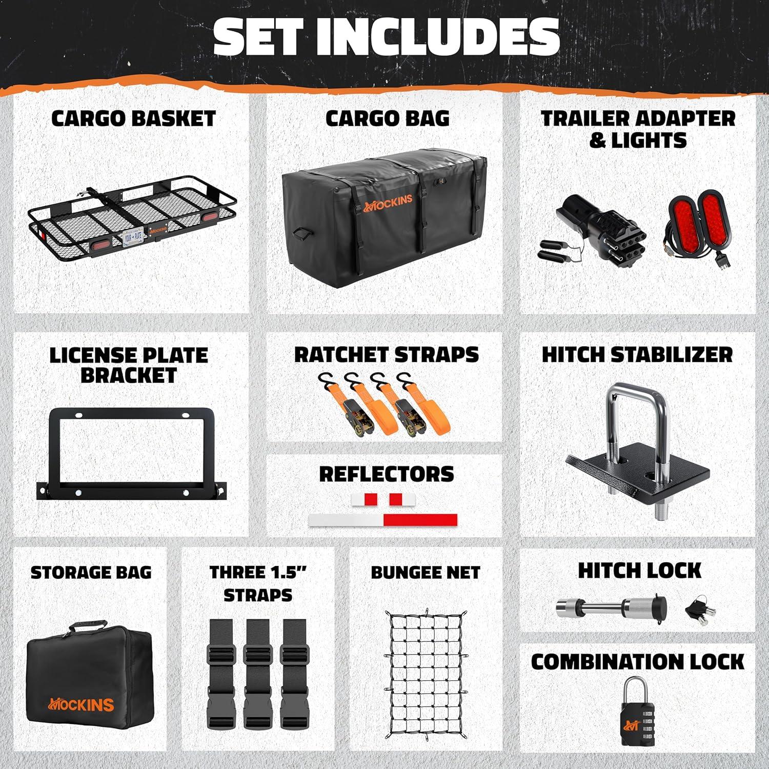 imageMockins XXL 70quotx30quotx6quot Folding Trailer Hitch Cargo Carrier wRear Lights License Plate Bracket ampamp 40 Cu Ft Waterproof Cargo Bag for Hitch Carrier  500 Lbs Cap Car Trailer Basket Set wAccessories60L X 20W X 6H