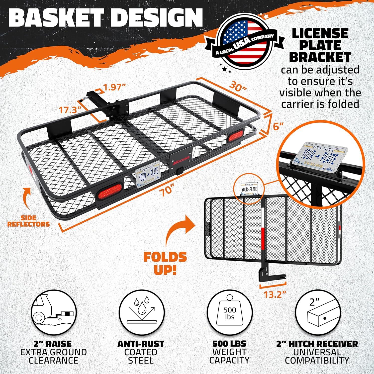 imageMockins XXL 70quotx30quotx6quot Folding Trailer Hitch Cargo Carrier wRear Lights License Plate Bracket ampamp 40 Cu Ft Waterproof Cargo Bag for Hitch Carrier  500 Lbs Cap Car Trailer Basket Set wAccessoriesExtra Extra Large 70 L X 30 W X 6 H