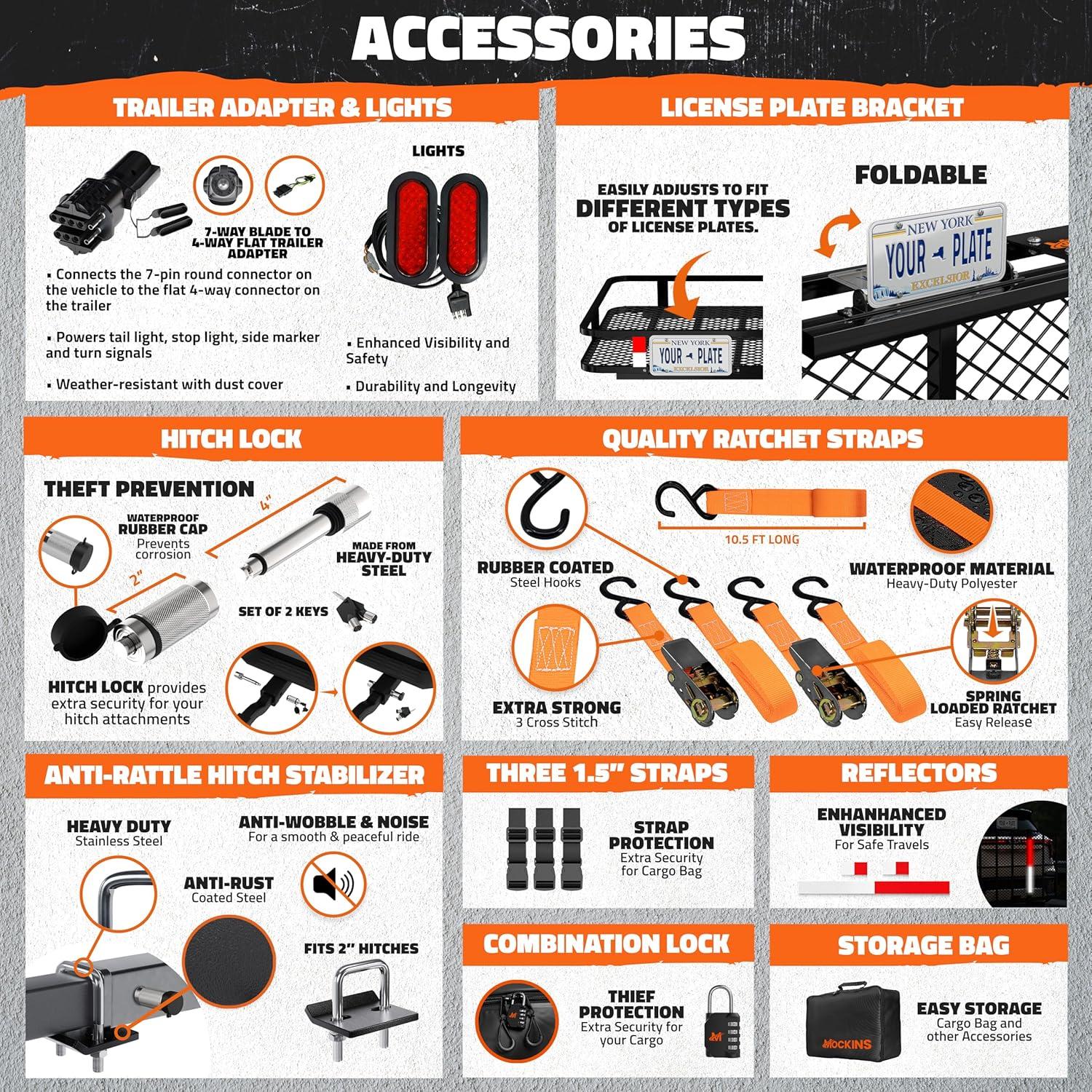 imageMockins XXL 72quotx36quotx6quot Folding Trailer Hitch Cargo Carrier w 50 CuFt Waterproof Cargo Bag for Hitch Carrier  500 Lbs Cap Luggage Rack for SUV Car ampamp Truck wRear Lights License Plate Holder ampamp More