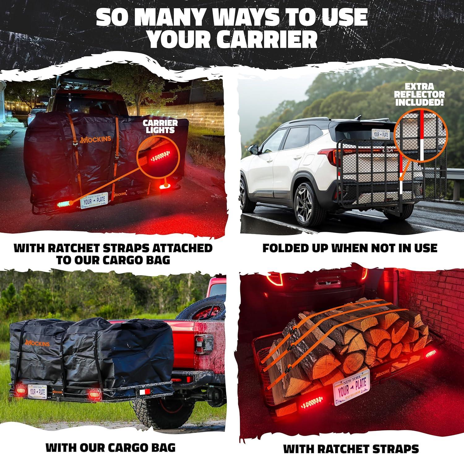 imageMockins XXL 72quotx36quotx6quot Folding Trailer Hitch Cargo Carrier w 50 CuFt Waterproof Cargo Bag for Hitch Carrier  500 Lbs Cap Luggage Rack for SUV Car ampamp Truck wRear Lights License Plate Holder ampamp More