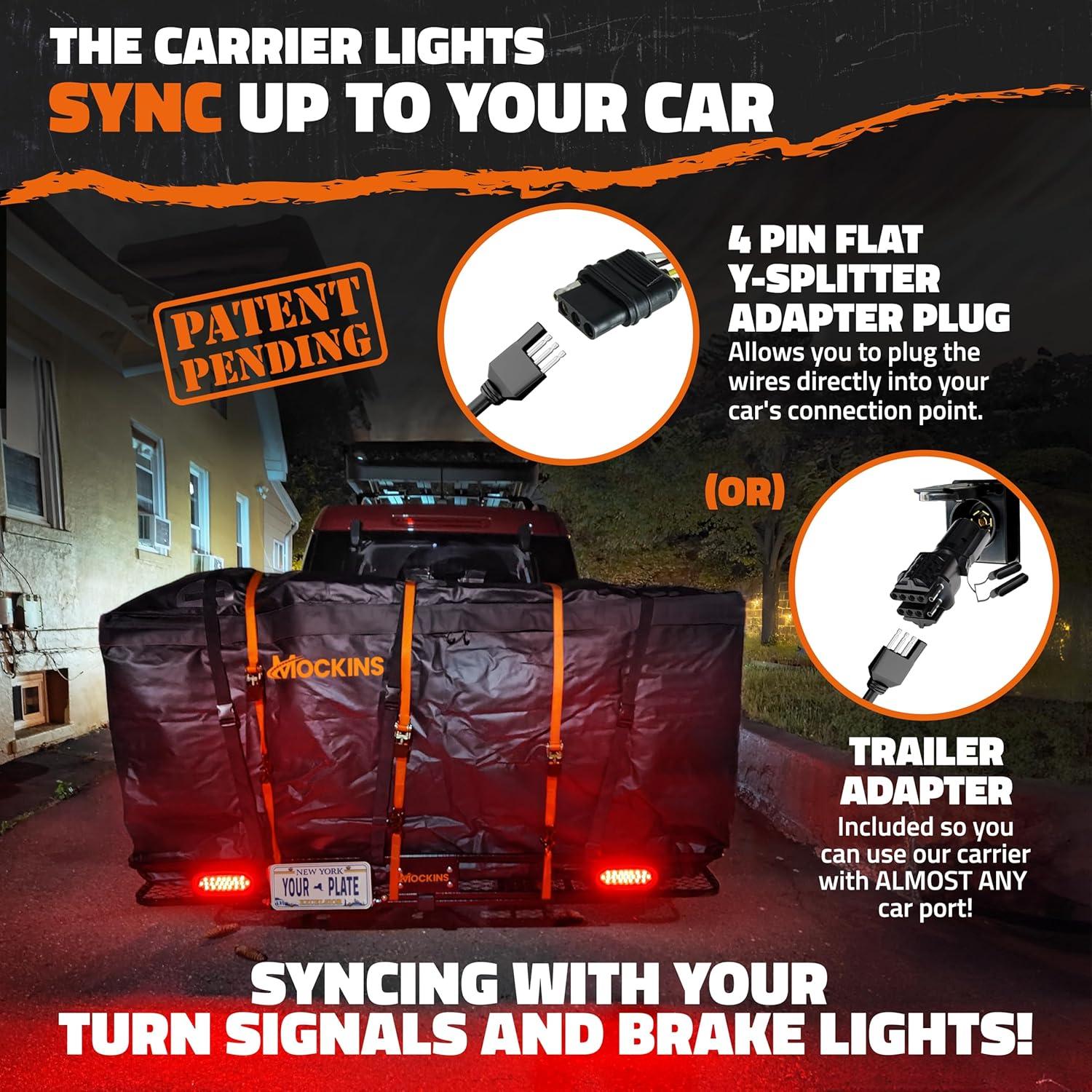 imageMockins XXL 72quotx36quotx6quot Folding Trailer Hitch Cargo Carrier w 50 CuFt Waterproof Cargo Bag for Hitch Carrier  500 Lbs Cap Luggage Rack for SUV Car ampamp Truck wRear Lights License Plate Holder ampamp More