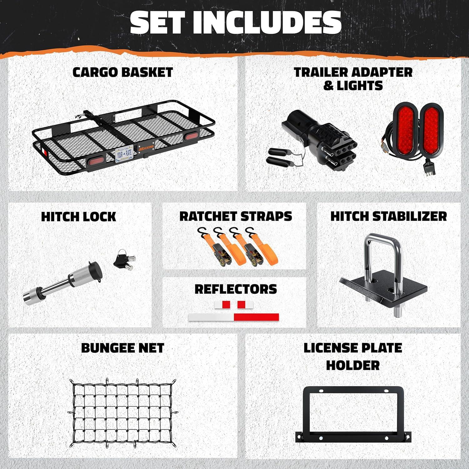 imageMockins XXL 72quotx36quotx6quot Folding Trailer Hitch Cargo Carrier wRear Lights ampamp License Plate Bracket  Weatherproof Steel Luggage Rack for SUV Car ampamp Truck  500Lbs Cap Cargo Hitch Carrier wAccessories60L X 20W X 6H