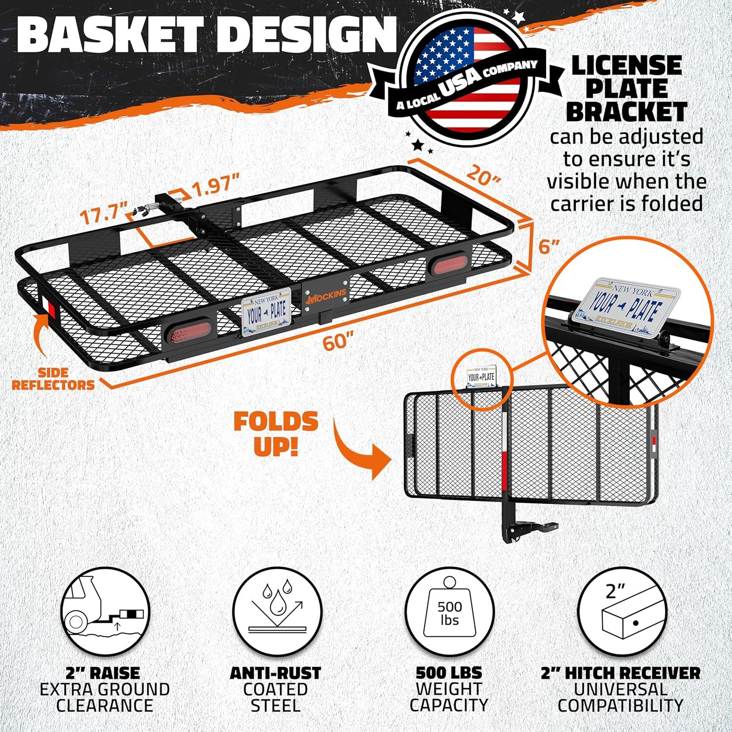 imageMockins XXL 72quotx36quotx6quot Folding Trailer Hitch Cargo Carrier wRear Lights ampamp License Plate Bracket  Weatherproof Steel Luggage Rack for SUV Car ampamp Truck  500Lbs Cap Cargo Hitch Carrier wAccessories60L X 20W X 6H