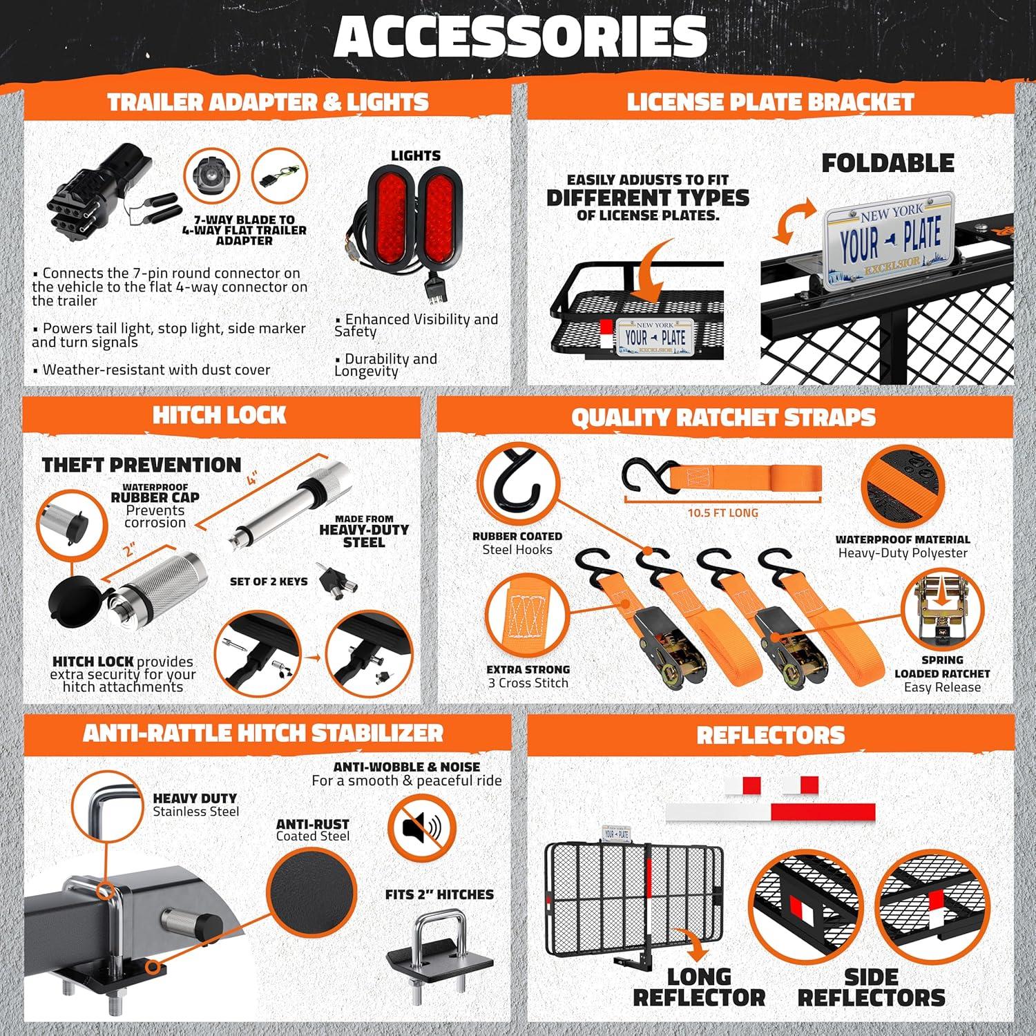 imageMockins XXL 72quotx36quotx6quot Folding Trailer Hitch Cargo Carrier wRear Lights ampamp License Plate Bracket  Weatherproof Steel Luggage Rack for SUV Car ampamp Truck  500Lbs Cap Cargo Hitch Carrier wAccessories72L X 36W X 6H  XXL
