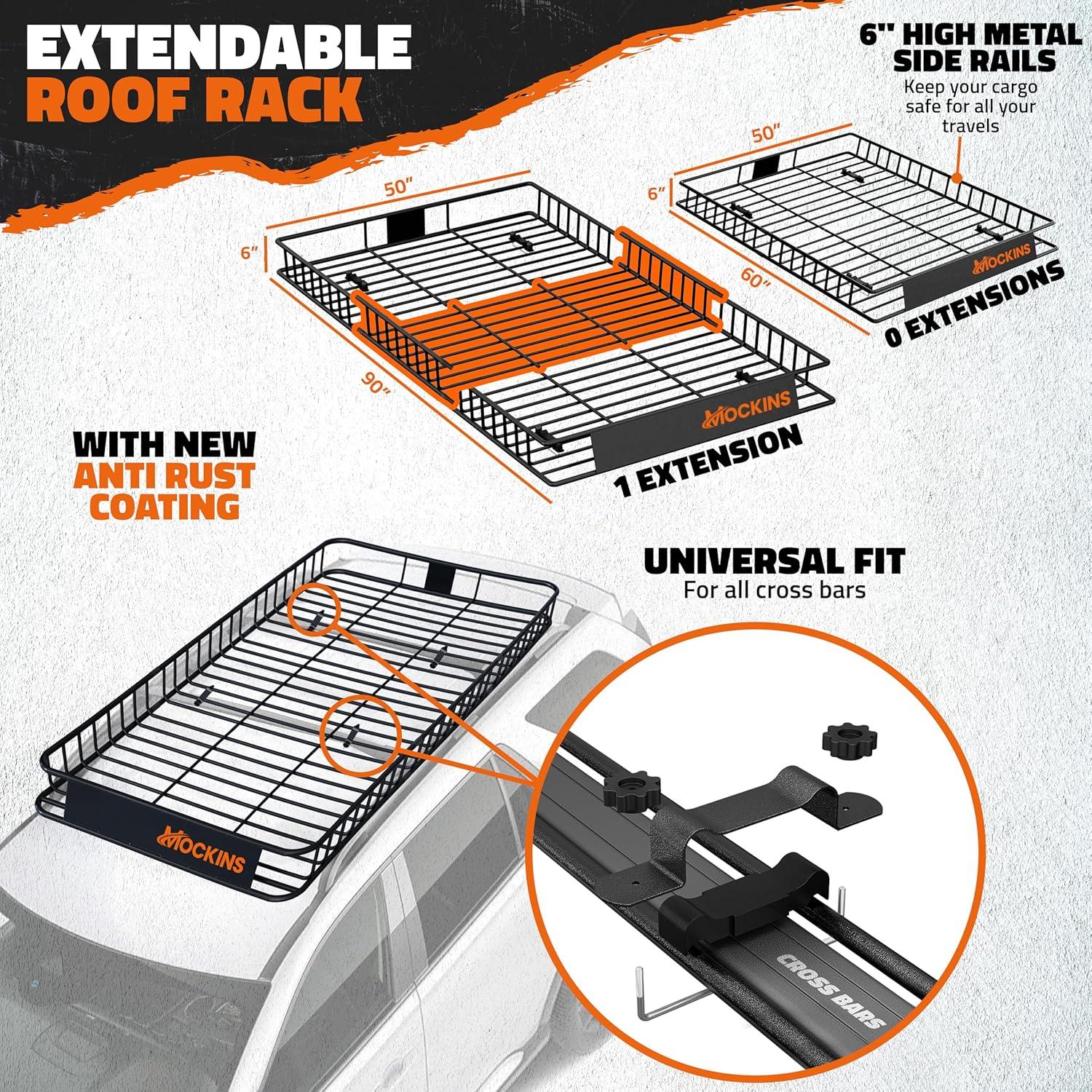 imageMockins XXL 90quotx50quotx6quot Heavy Duty Roof Rack Cargo Carrier w 50 CuFt Waterproof Rooftop Cargo Bag for Top of Car  AllWeather 250 Lbs Cap Car Top Carrier Roof Basket for SUV RV Van wAccessories