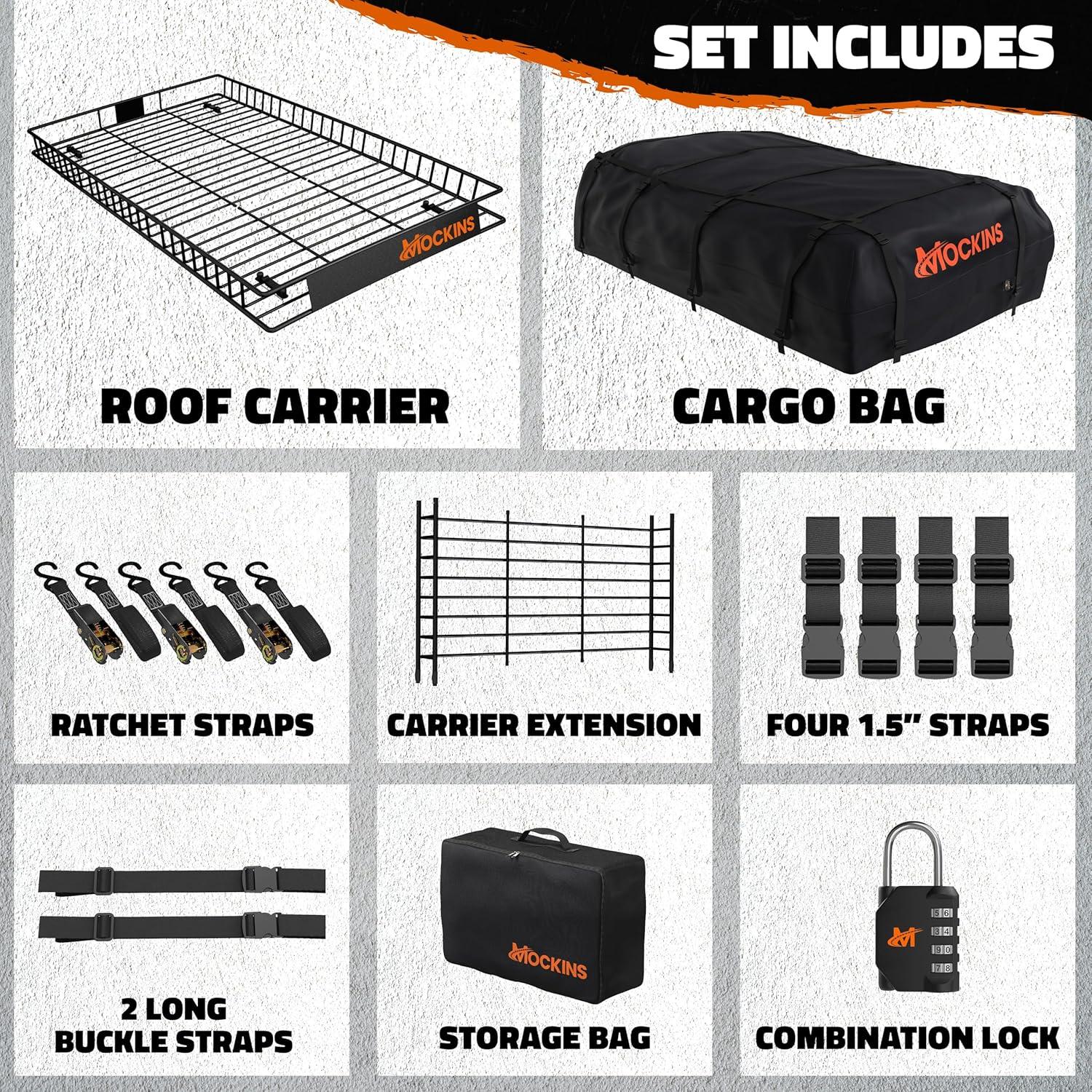 imageMockins XXL 90quotx50quotx6quot Heavy Duty Roof Rack Cargo Carrier w 50 CuFt Waterproof Rooftop Cargo Bag for Top of Car  AllWeather 250 Lbs Cap Car Top Carrier Roof Basket for SUV RV Van wAccessories