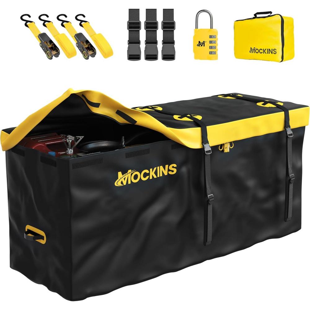 imageMockins 16 CuFt Trailer Hitch Cargo Carrier Bag  58quotx20quotx24quot Durable Vinyl Cargo Bag for Hitch Carrier  Waterproof Truck Bed Storage Set wStraps ampamp Lock  Weatherproof Vehicle Soft Shell Carriers20 Cubic Feet  60x20x29