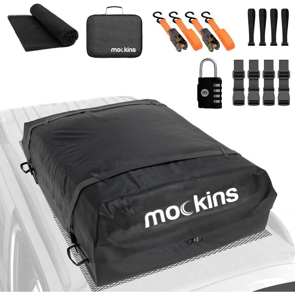 imageMockins 25 CuFt Heavy Duty Car Roof Bag 60quotx43quotx17quot  Works with or Without Roof Rack  Great for Road Trip Vacations Camping Adventures ampamp More  Set Includes Roof Mat Lock Hooks ampamp Straps16 Cubic Ft