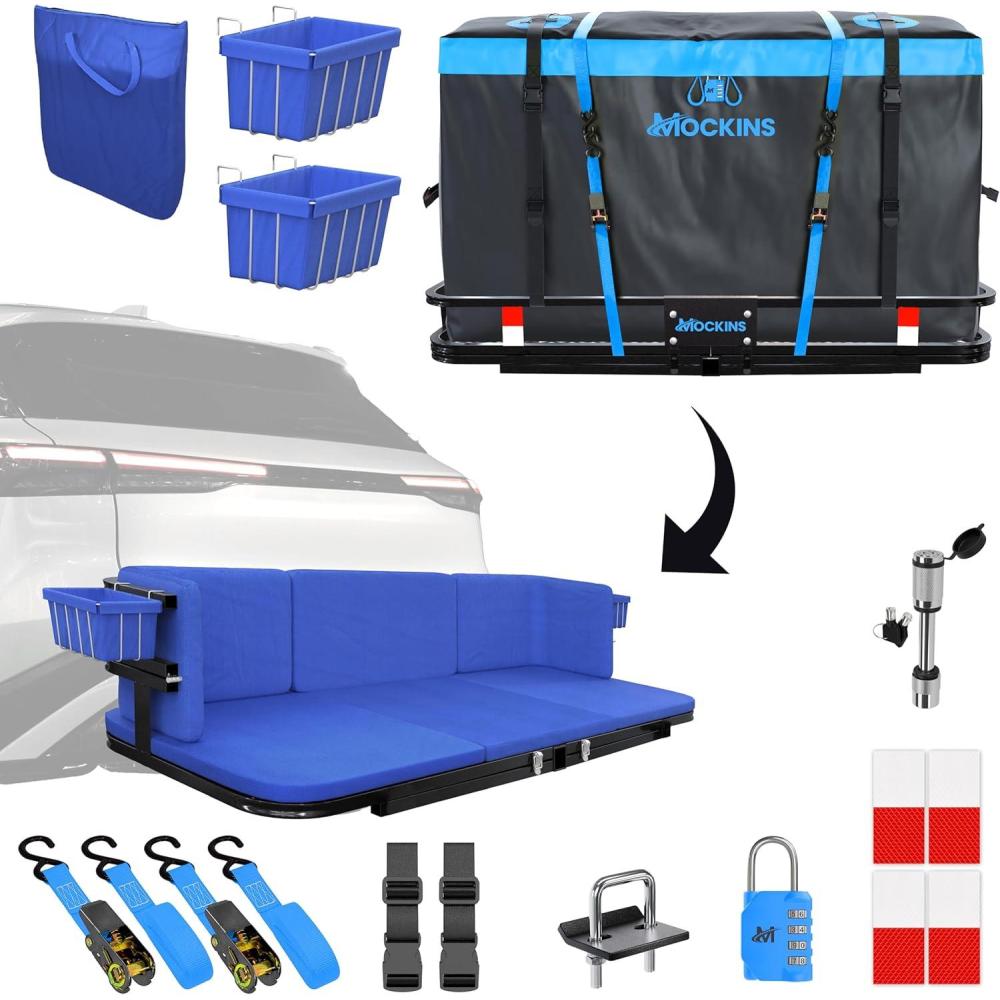 imageMockins 2in1 Trailer Hitch Cargo Carrier Bench 48quotx18quotx6quot w 15 CuFt Vehicle Soft Shell Carriers Bag  500 Lbs Capacity Folding Cargo Hitch Carrier Tailgate Seating Set wStabilizer Straps ampamp Lock48x18x6  15 CuFt Bag  Luxury Bench
