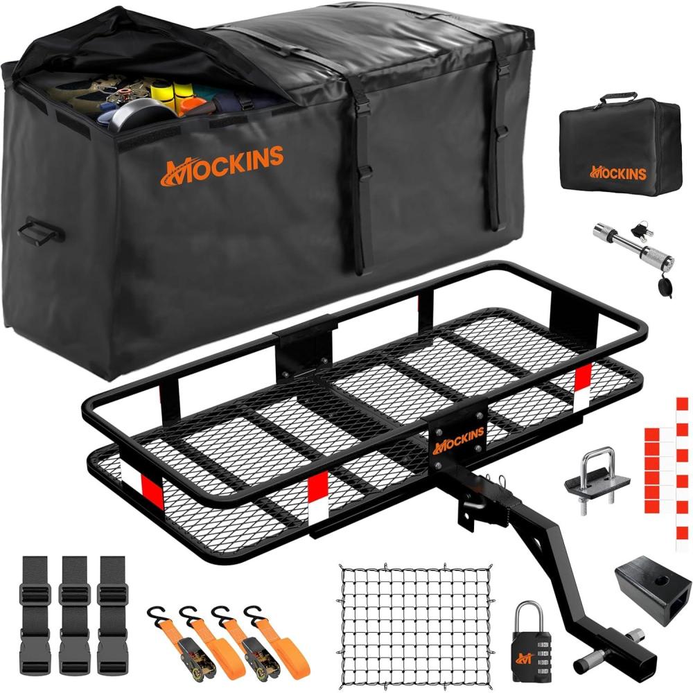 imageMockins 2in1 Trailer Hitch Cargo Carrier Bench 48quotx18quotx6quot w 15 CuFt Vehicle Soft Shell Carriers Bag  500 Lbs Capacity Folding Cargo Hitch Carrier Tailgate Seating Set wStabilizer Straps ampamp Lock48L X 20W X 6H  15 CuFt Bag