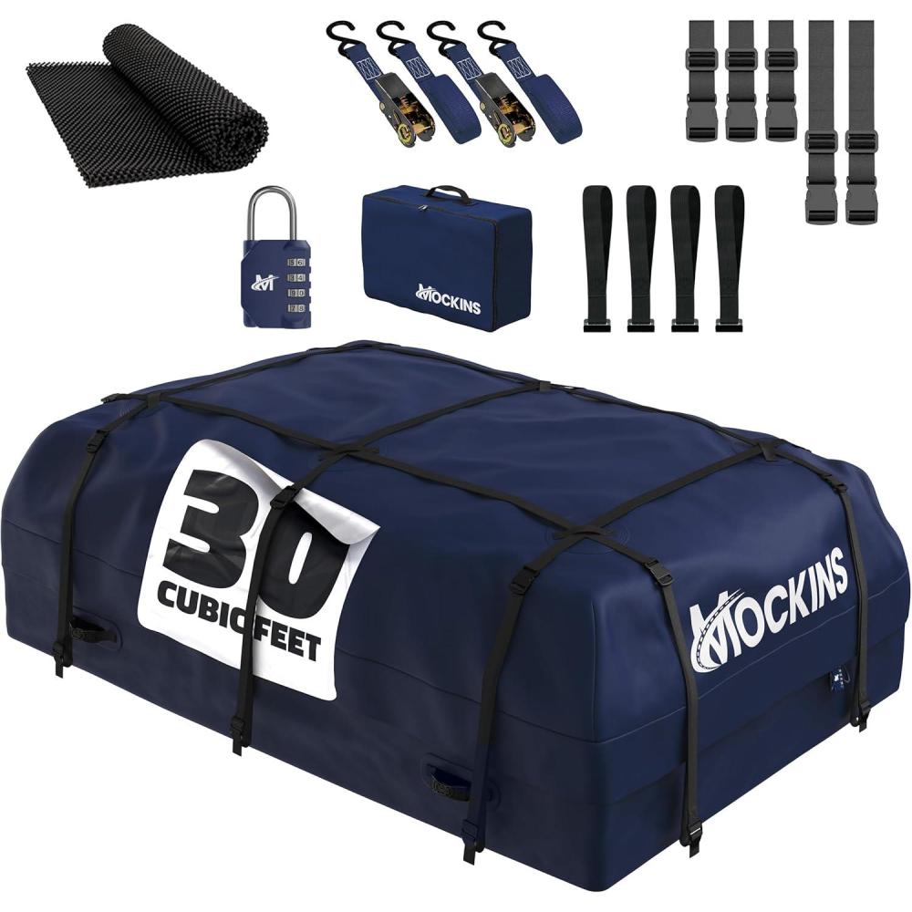imageMockins 30 CuFt Navy Waterproof Rooftop Cargo Bag For Use With or Without Roof Rack  60quotx43quotx20quot Vinyl Car Rooftop Cargo Carrier Bag  Car Topper Luggage Carrier Waterproof Set wStraps Hooks ampamp More