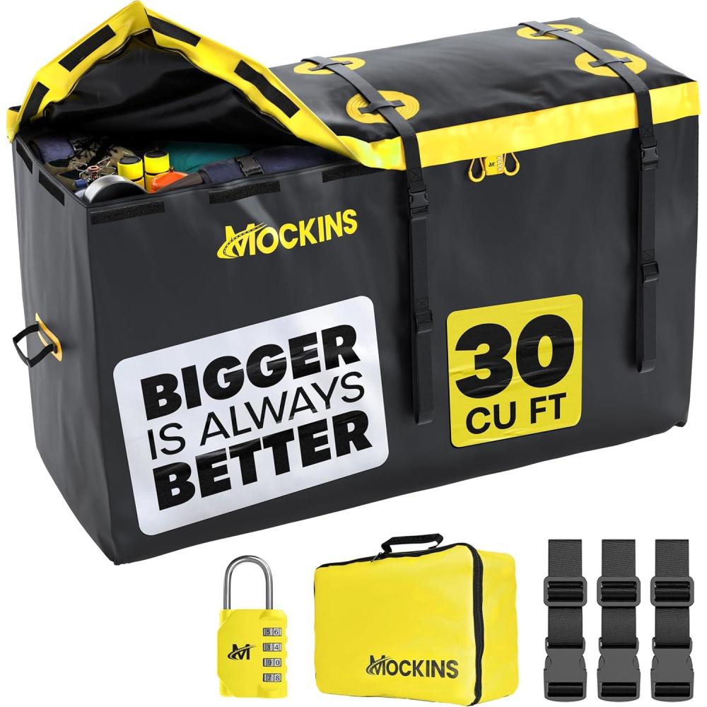 imageMockins 30 CuFt Trailer Hitch Cargo Carrier Bag  60quotx24quotx36quot Weatherproof Cargo Bag for Hitch Carrier  Waterproof Truck Bed Storage  Vinyl Vehicle Soft Shell Carriers Set for Road Trips ampamp Camping30 Cu Ft  BlackYellow