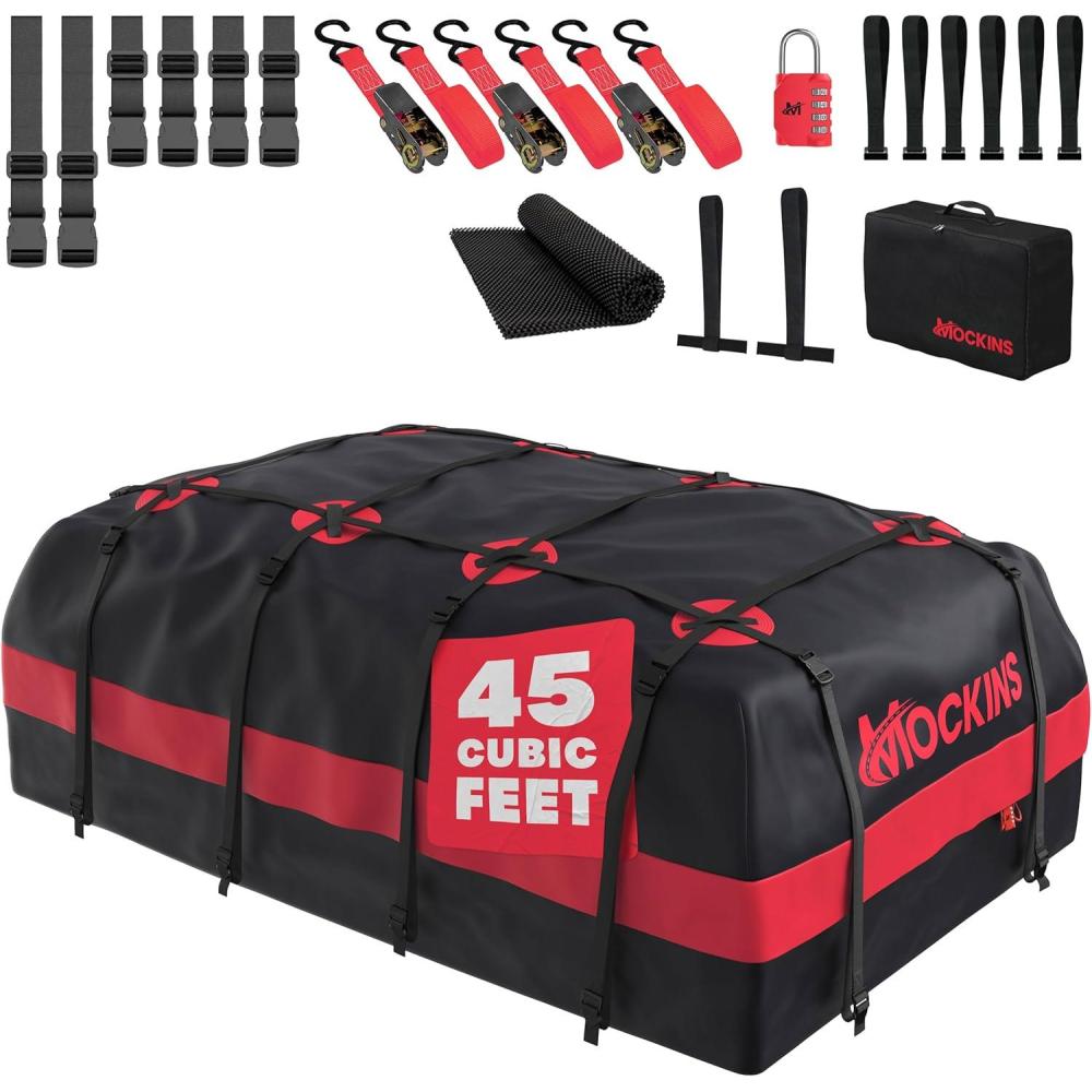 imageMockins 45 CuFt XL Waterproof Rooftop Cargo Bag  75quotx48quotx22quot Heavy Duty Rooftop Cargo Carrier for Use with or wo Roof Rack  Car Roof Bag Set Includes Top of Car Storage Mat Lock Hooks ampamp Straps