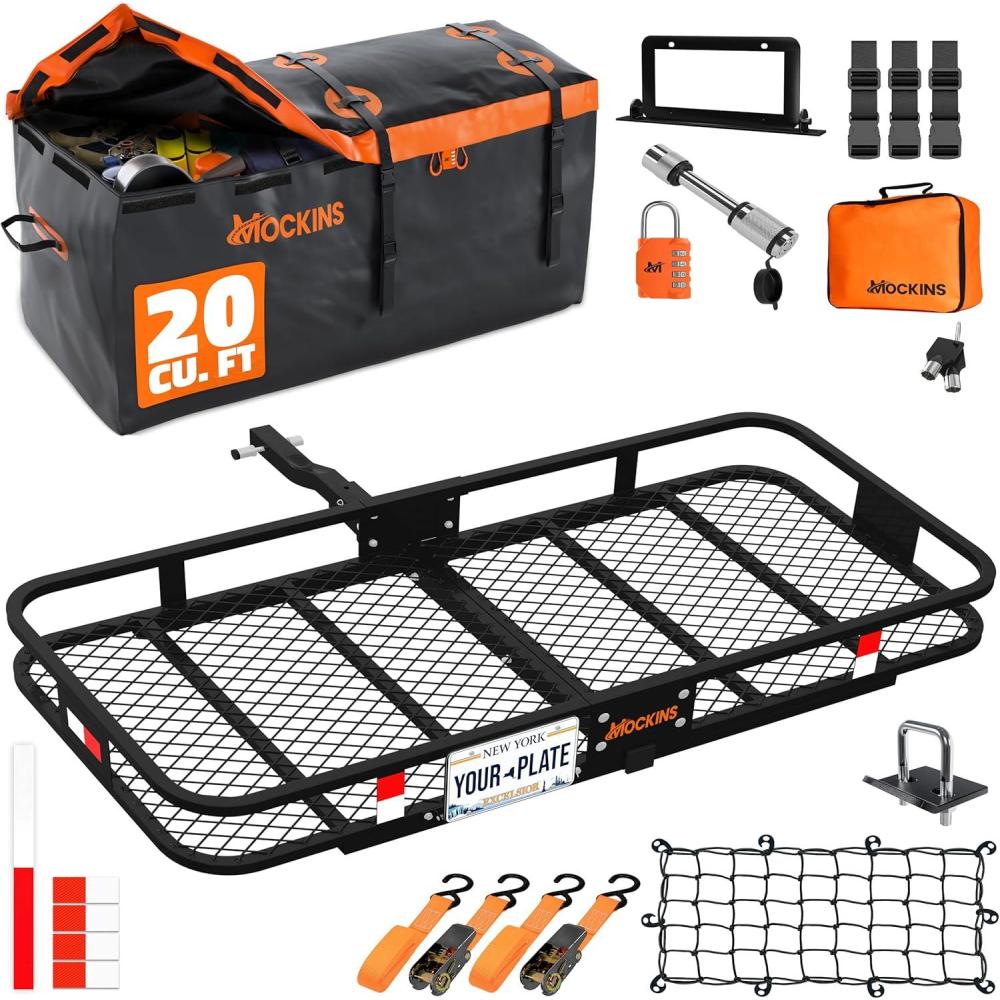 imageMockins 60quotx20quotx6quot Folding Trailer Hitch Cargo Carrier w 20 CuFt Waterproof Cargo Bag for Hitch Carrier  500 Lbs Capacity Weatherproof Luggage Rack for SUV Car ampamp Truck wCar Trailer AccessoriesBlackOrange