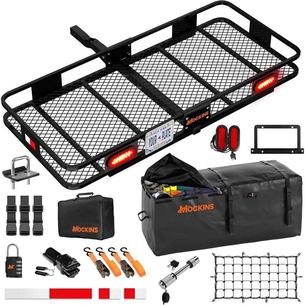 imageMockins 60quotx20quotx6quot Folding Trailer Hitch Cargo Carrier wRear Lights ampamp 16 Cubic Ft Black Cargo Carrier Bag Bundle